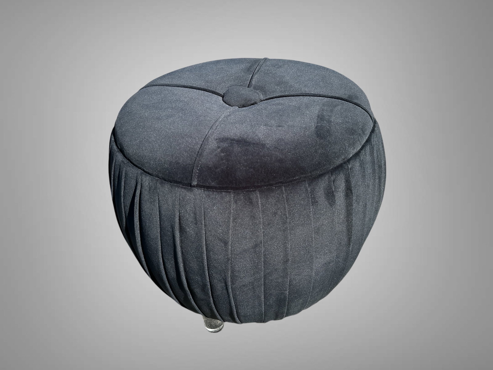 Black Velvet Round Ottoman 'Poof' with Acrylic Legs: Black Velvet Round Ottoman 'Poof' with Acrylic Legs. Near mint condition. Vertical pleating, Tufted top. No odors. 17 1/2" tall, 19"diameter. .>>>>>>>>>>>>>>READ—-READ—-READ—-Shipping for this l