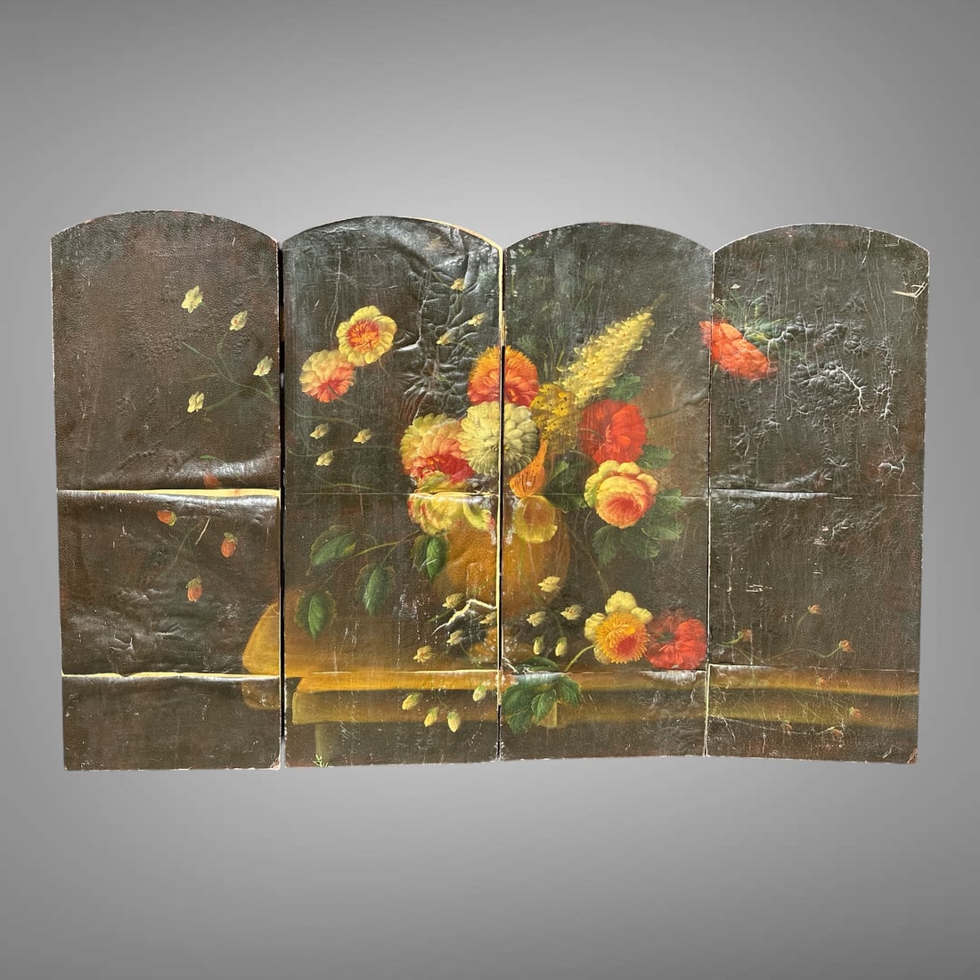 Vtg 4-panel Folding Screen w/ Floral Still-life Artwork.: Vtg 4-panel Folding Screen w/ Floral Still-life Artwork. Artwork is beginning to detach. 36" tall. Each panel is 14"wide.Folded for storage/shipping 3 1/2" x 14" x 36".