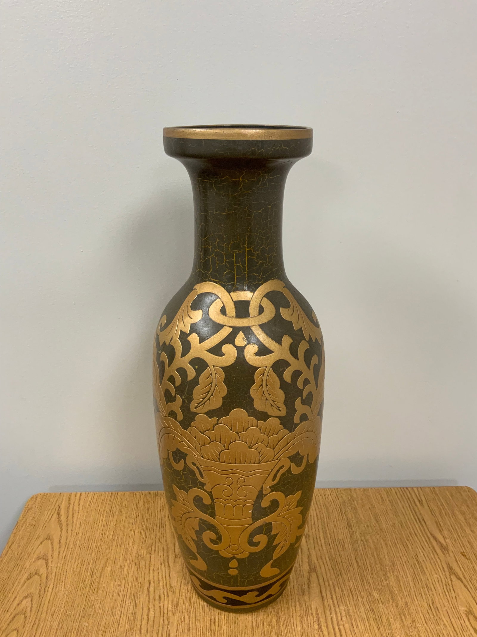 Oriental / Chinese Vase(23 1/2" tall) Gold Floral Scrollwork on Dark Green Crackle Background (1 of 6)