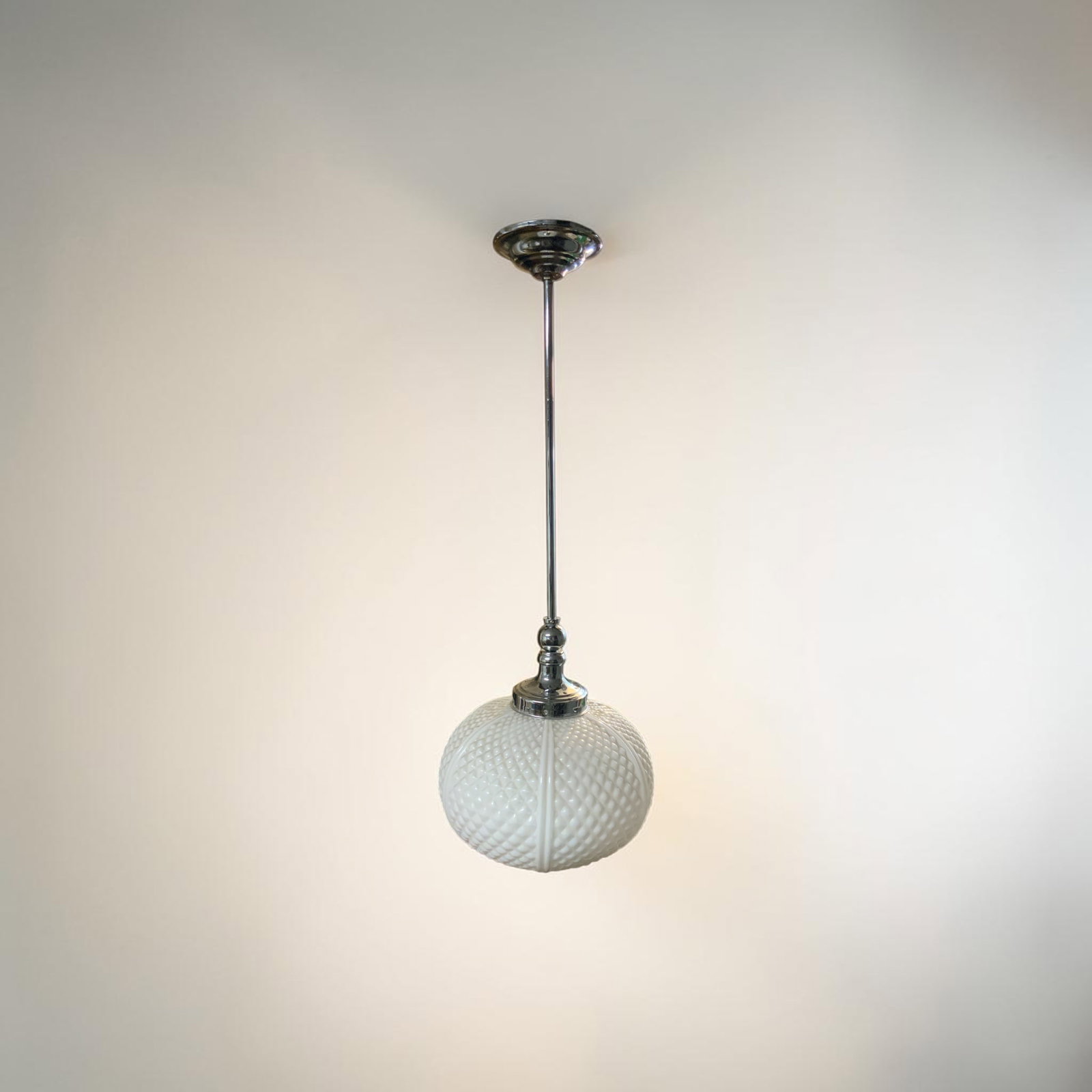 Mid-century/Contemporary Pendant Ceiling Light Chrome Finish Milkglass Globe: Mid-century/Contemporary Pendant Ceiling Light Chrome Finish Milkglass Globe. Approx 32" long overall with 12"diameter globe. .>>>>>>>>>>>>>>READ—-READ—-READ—-Shipping for this lot is available 