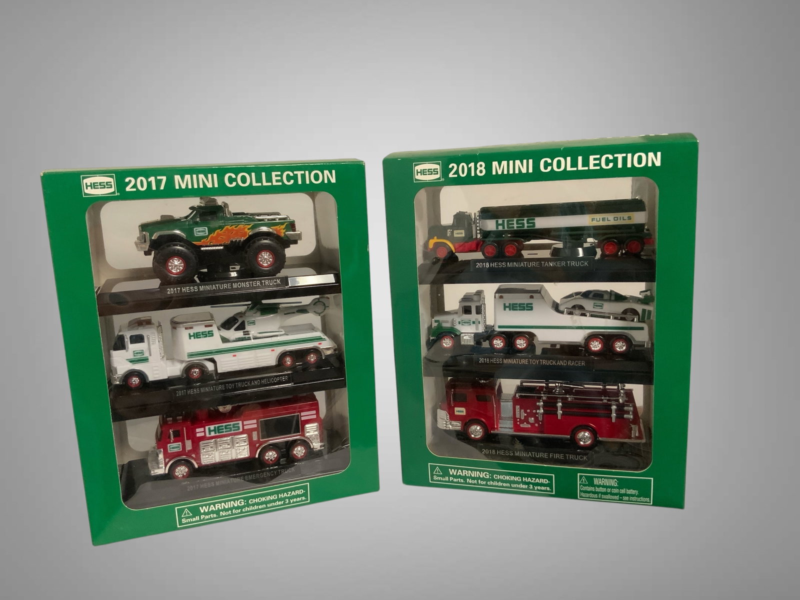 (2) HESS Mini Collections 2017 & 2018: (2) HESS Mini Collections 2017 & 2018. Received as "Christmas presents that were never played with' and offered as such and as is. Stack measures 6" x 7" x 9".