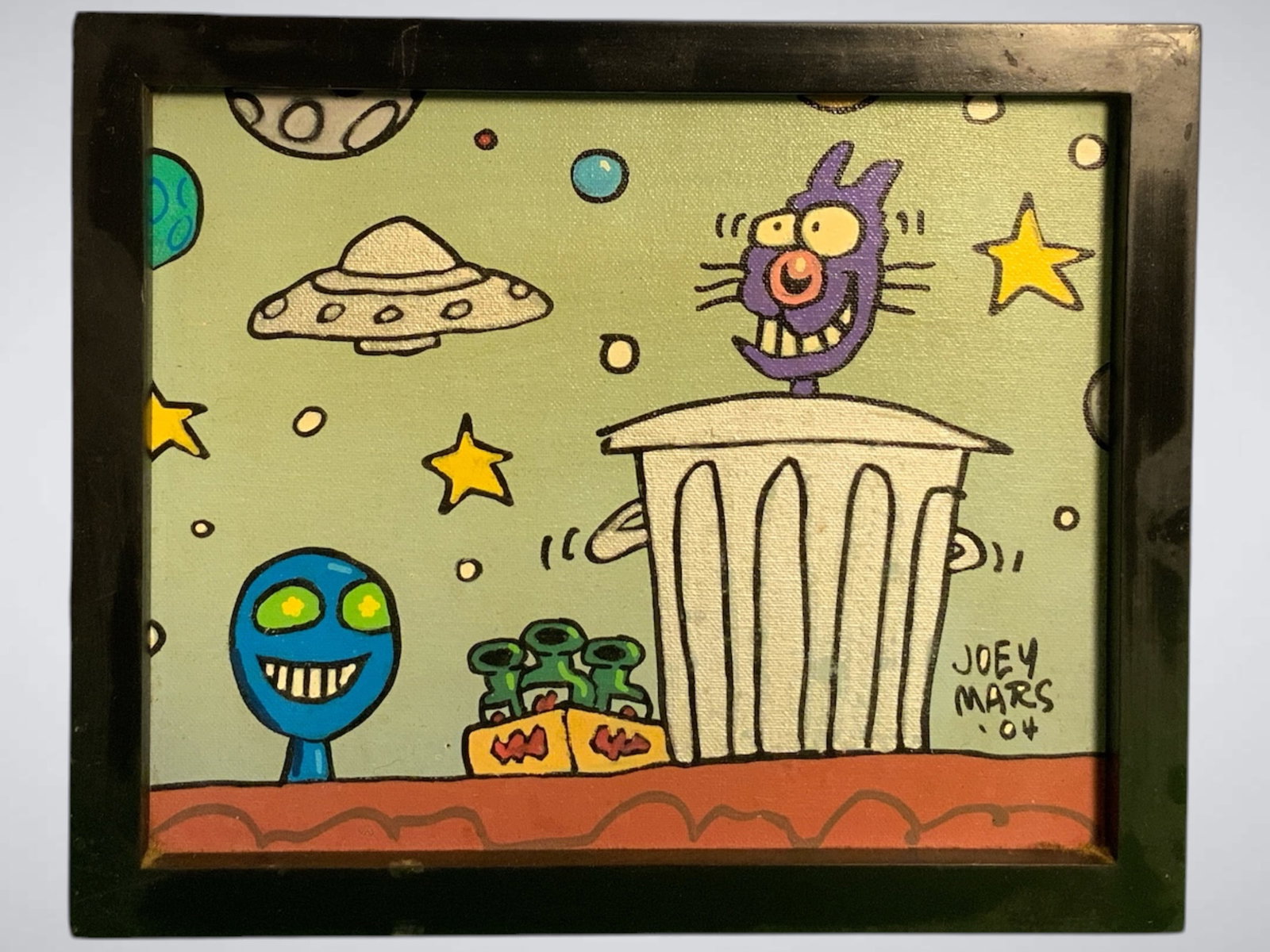 Joey Mars Space-themed "Trash Cat" Paint on Canvas Framed: Joey Mars Space-themed "Trash Cat" Paint on Canvas Framed. 9 1/4" x 11 1/4". .>>>>>>>>>>>>>>READ—-READ—-READ—-Shipping for this lot is available ONLY THROUGH LIVEAUCTIONEERS/LIVESHIPPING. We adv