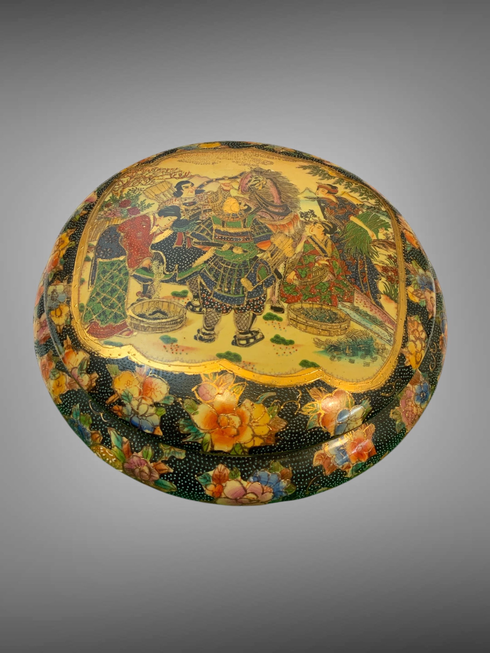 Vintage Asian Moriage Keepsake Bowl with Lid: Vintage Asian Moriage Keepsake Bowl with Lid. Marked 'Made in China', and most references identify the scene on the lid as Japanese. All agree it is a moorage, raised enamel, technique. 10 1/2" diamet