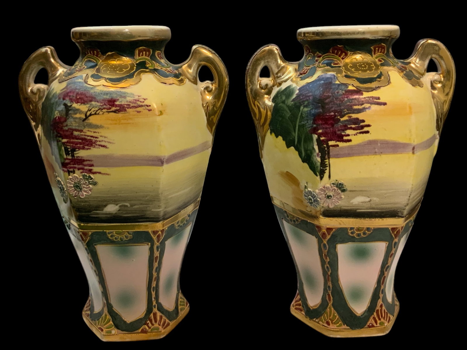 Pair Handpainted Japanese Vases Landscape w/ Raised Gold Accents: Pair Handpainted Japanese Vases Landscape w/ Raised Gold Accents. 5" x 7" x 10". .>>>>>>>>>>>>>>READ—-READ—-READ—-Shipping for this lot is available ONLY THROUGH LIVEAUCTIONEERS/LIVESHIPPING. We
