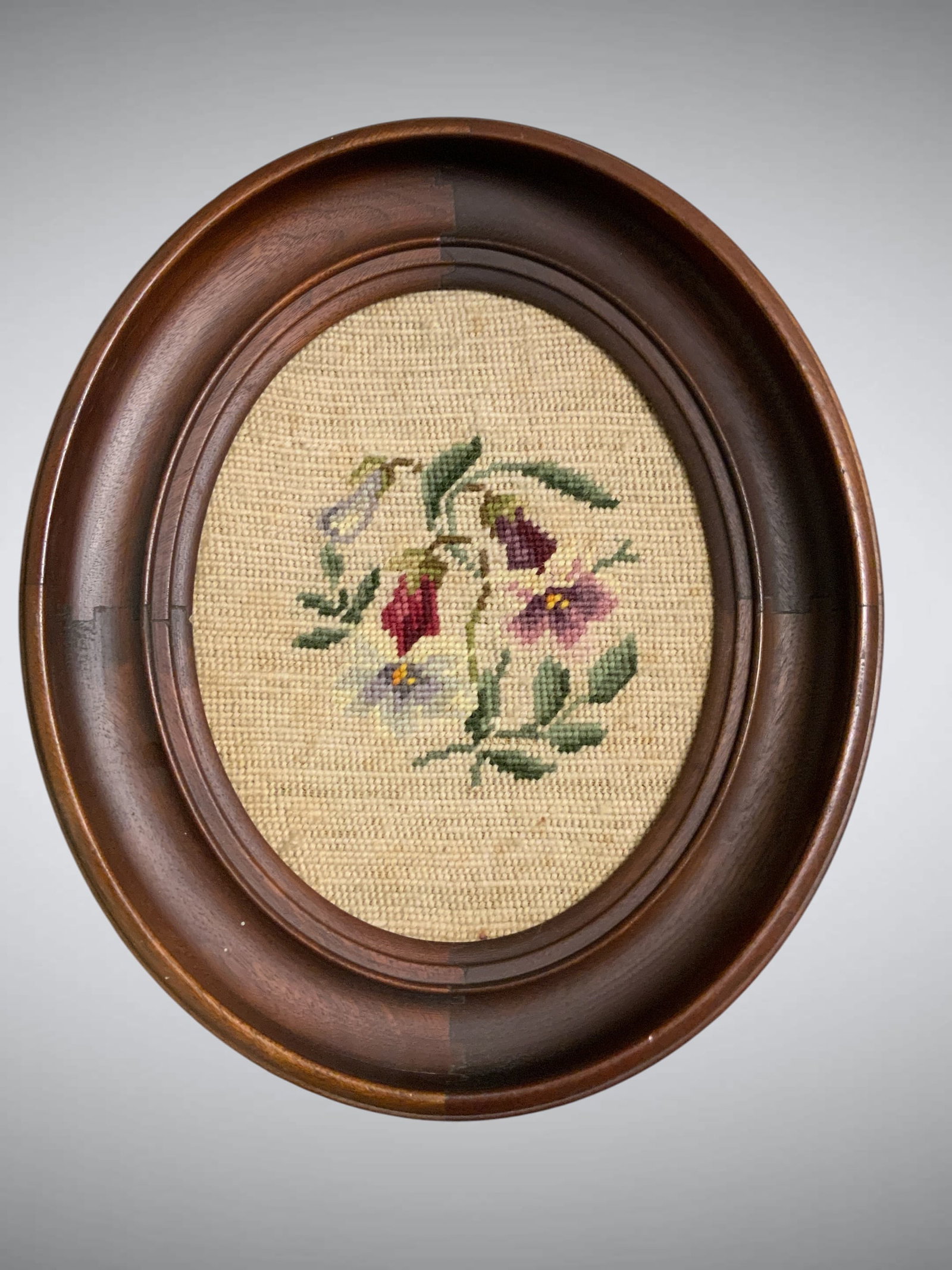 Vintage Wooden(Walnut?) Oval Frame with Floral Needlepoint (1 of 3)