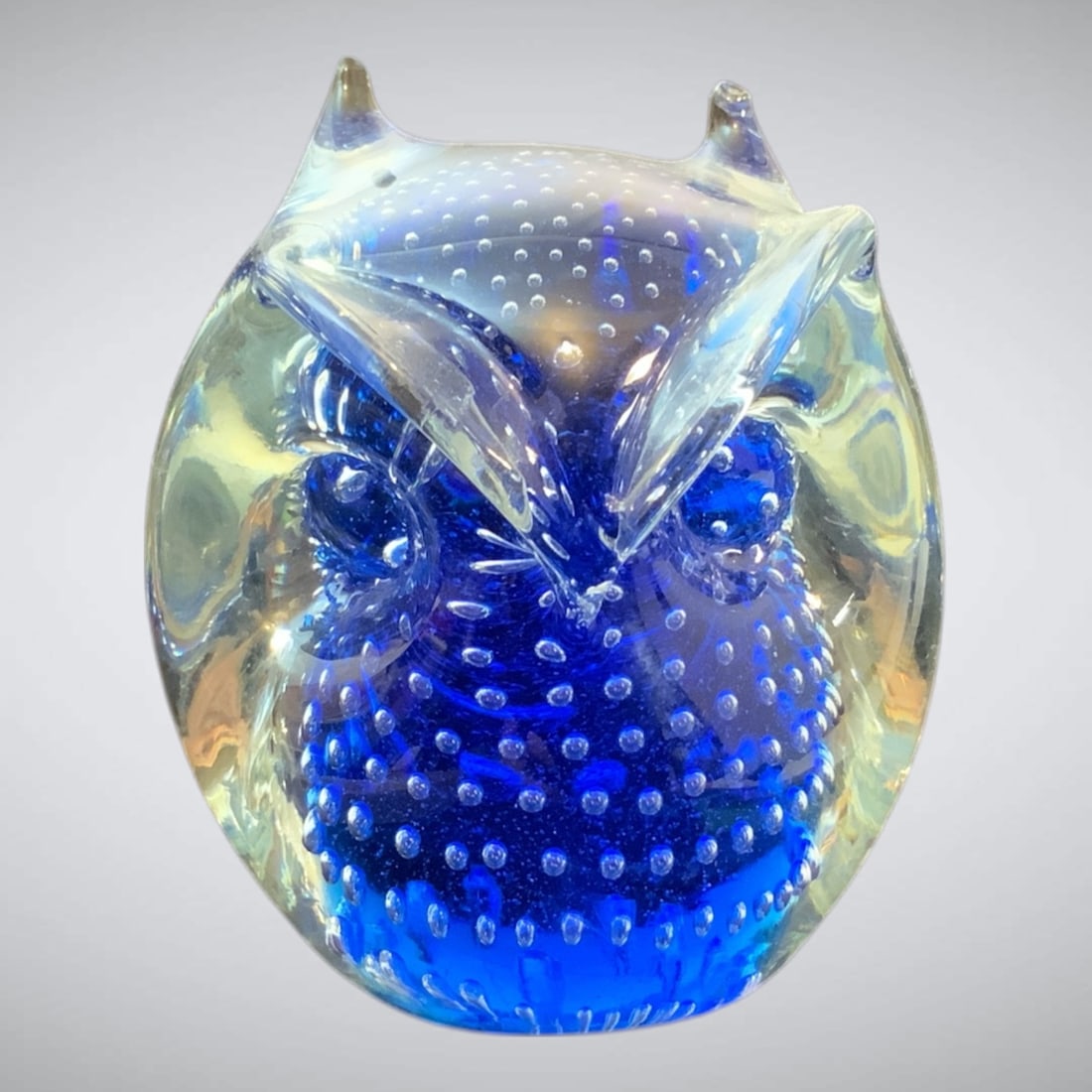 Art Glass Paperweight: Controlled Bubble Cobalt and Clear Glass Owl. (1 of 5)