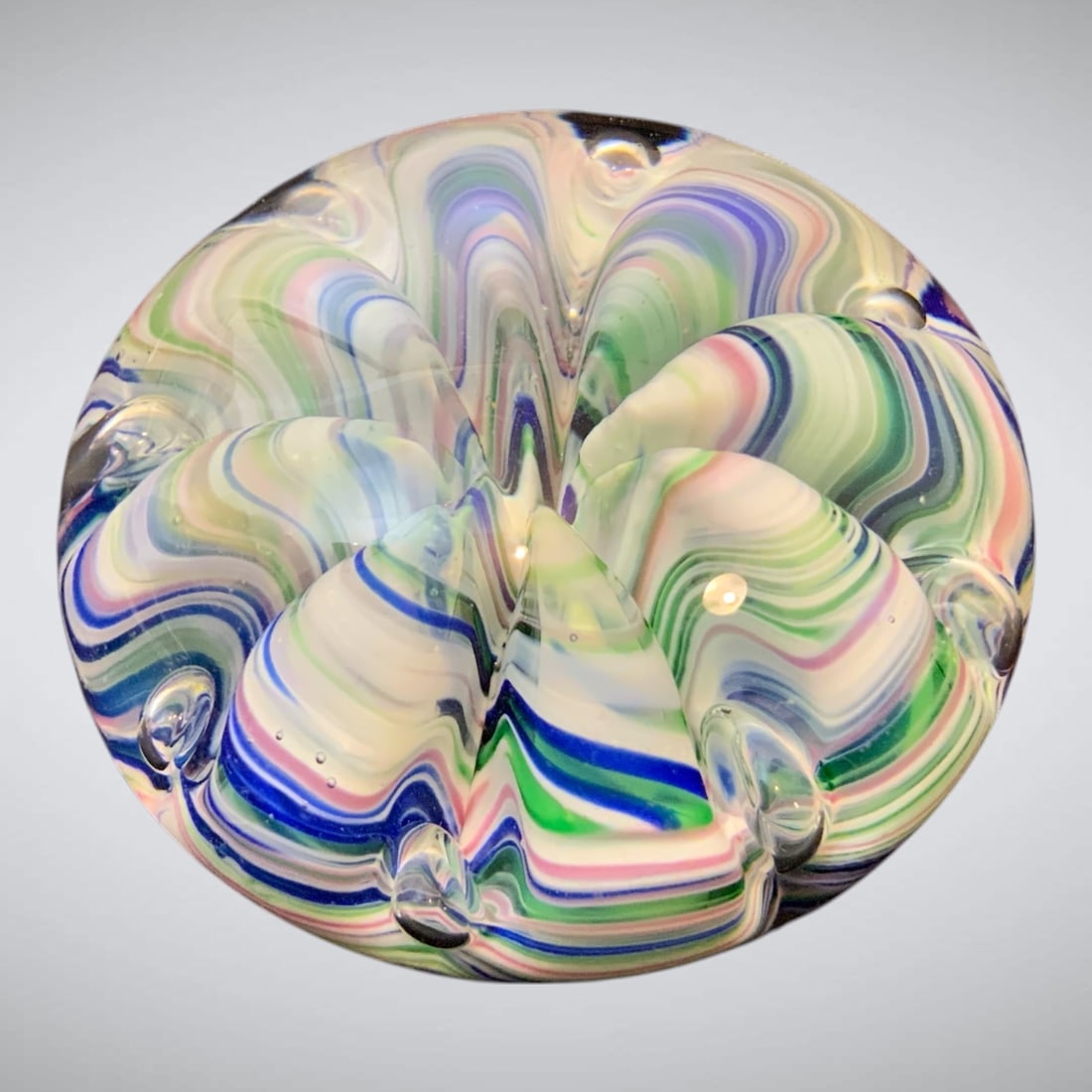 Art Glass Paperweight: Flattened Spherical St Clair Ribbon Crip Design (1 of 5)