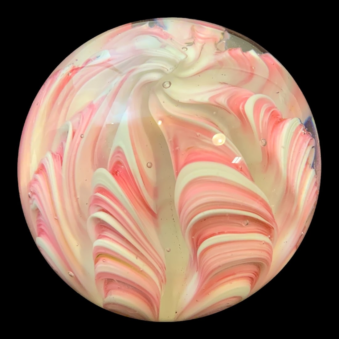 Paperweight: Murano-style Pink & White Ruffles Core Clear Glass: Paperweight: Murano-style Pink & White Ruffles Core Clear Glass. 3" tall. .>>>>>>>>>>>>>>READ—-READ—-READ—-Shipping for this lot is available ONLY THROUGH LIVEAUCTIONEERS/LIVESHIPPING. We advise