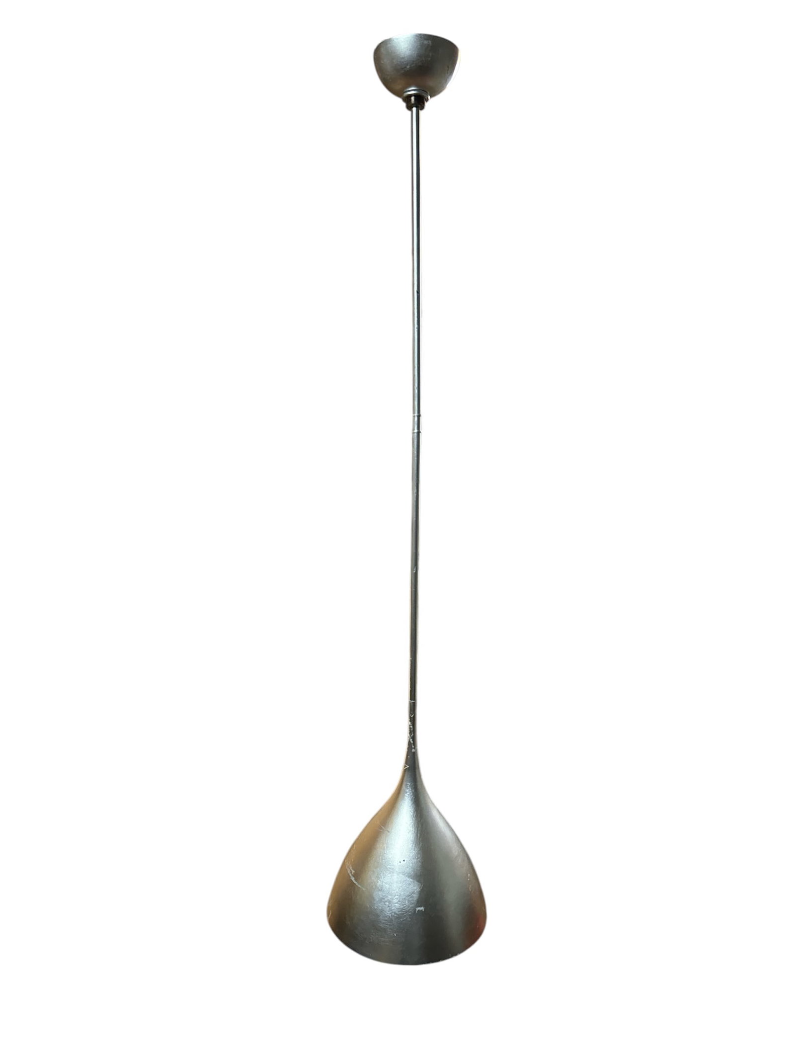 Burnished Silver Finish Pendant Lamp With Bell Shade: Burnished Silver Finish Pendant Lamp With Bell Shade. Straight Ceiling mount. 2-section stem. 50" installed length. Outer surface of the shade has scratches. Shipping length is 54". Shade diameter is 