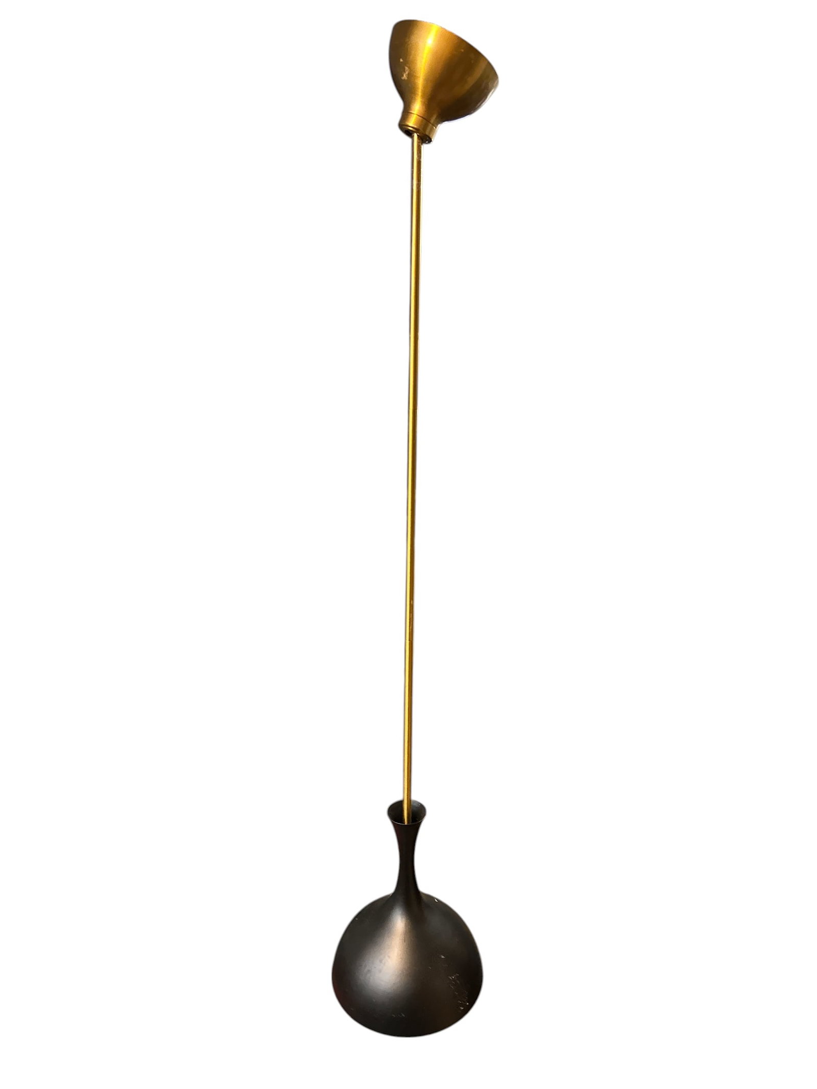 Black Finish Finish Pendant Lamp With Bell Shade: Burnished Silver Finish Pendant Lamp With Bell Shade. Ball mount accommodates sloped ceiling. 3-section stem. Bulb condition unknown. Approx. 50" installed length. Shipping length is 54". Shade diamet