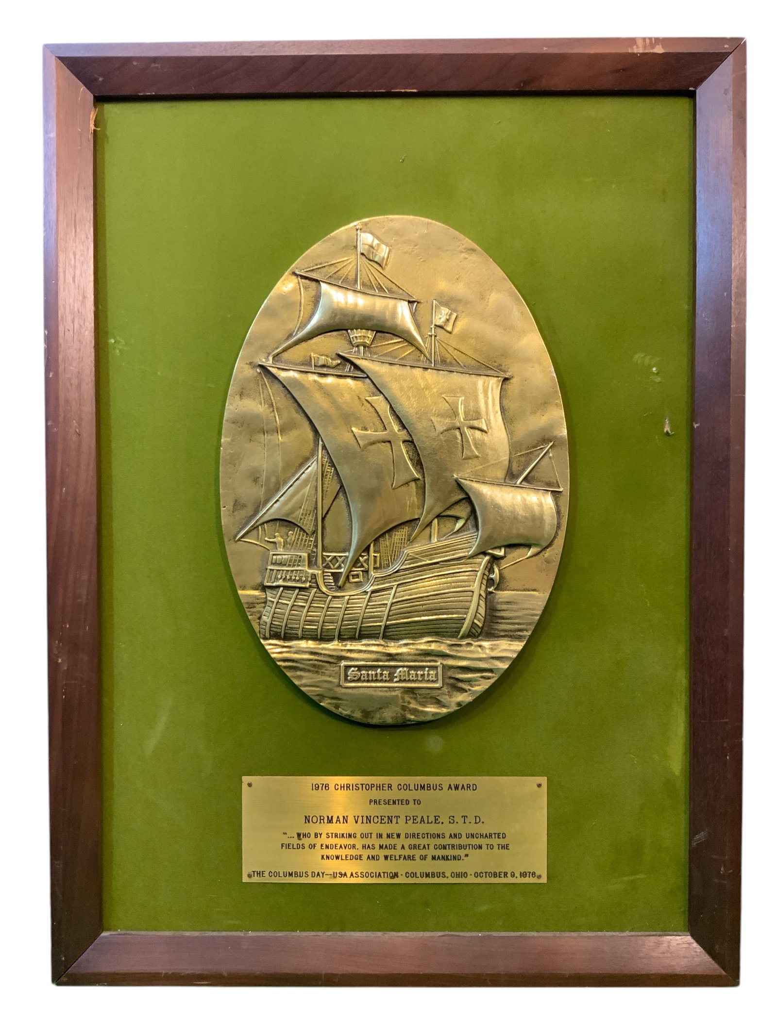 Brass Award Mounted / Framed Noman Vincent Peale Christopher Columbus Award (1 of 4)