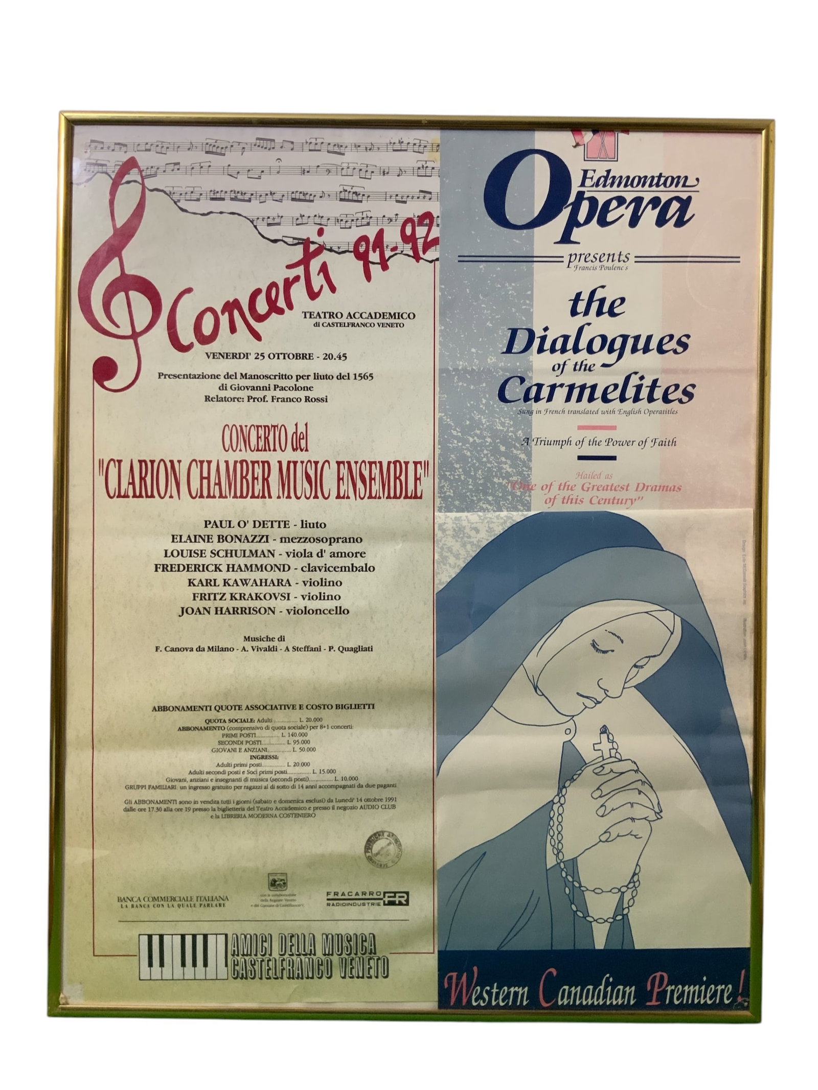 Framed Opera Poster Edmonton Opera THE DIALOGUES OF THE CARMELITES 1991-1992 (1 of 3)