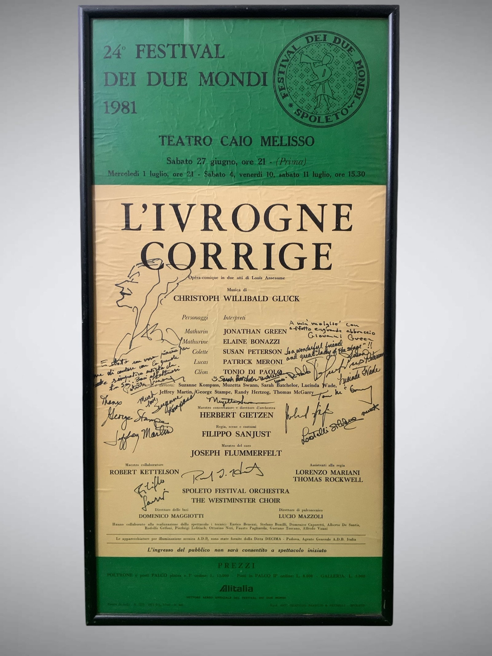 Framed Vintage Opera Poster Featuring Handwritten Signatures Teatro Caio Melissa L'IVROGNE CORRIGÉ (1 of 3)