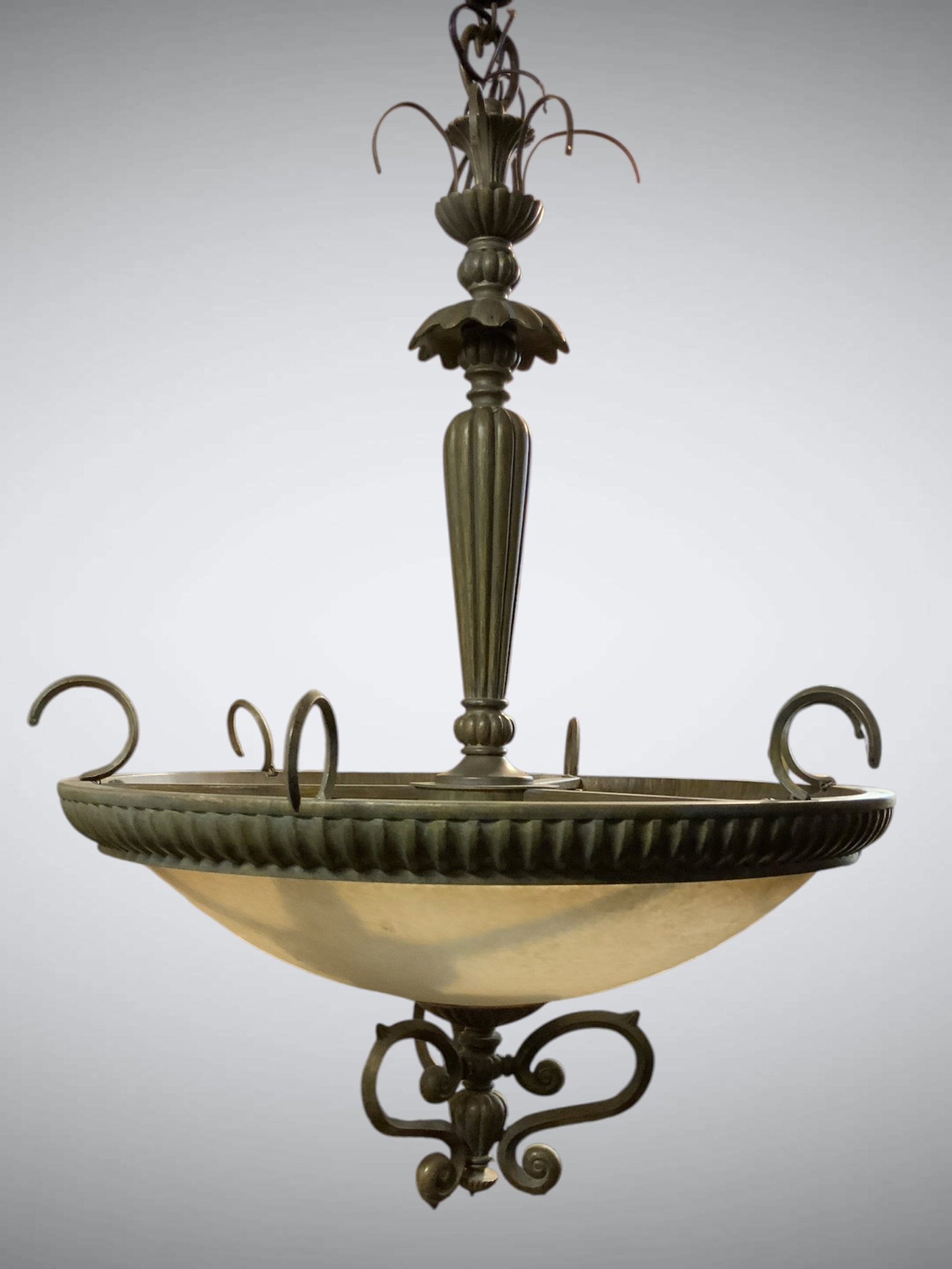 Hanging 3-bulb Chandelier: Hanging 3-bulb Chandelier. Mounting hardware and crystals not included.26" across and about 34" tall as shown. .>>>>>>>>>>>>>>READâ€”-READâ€”-READâ€”-Shipping for this lot is available 