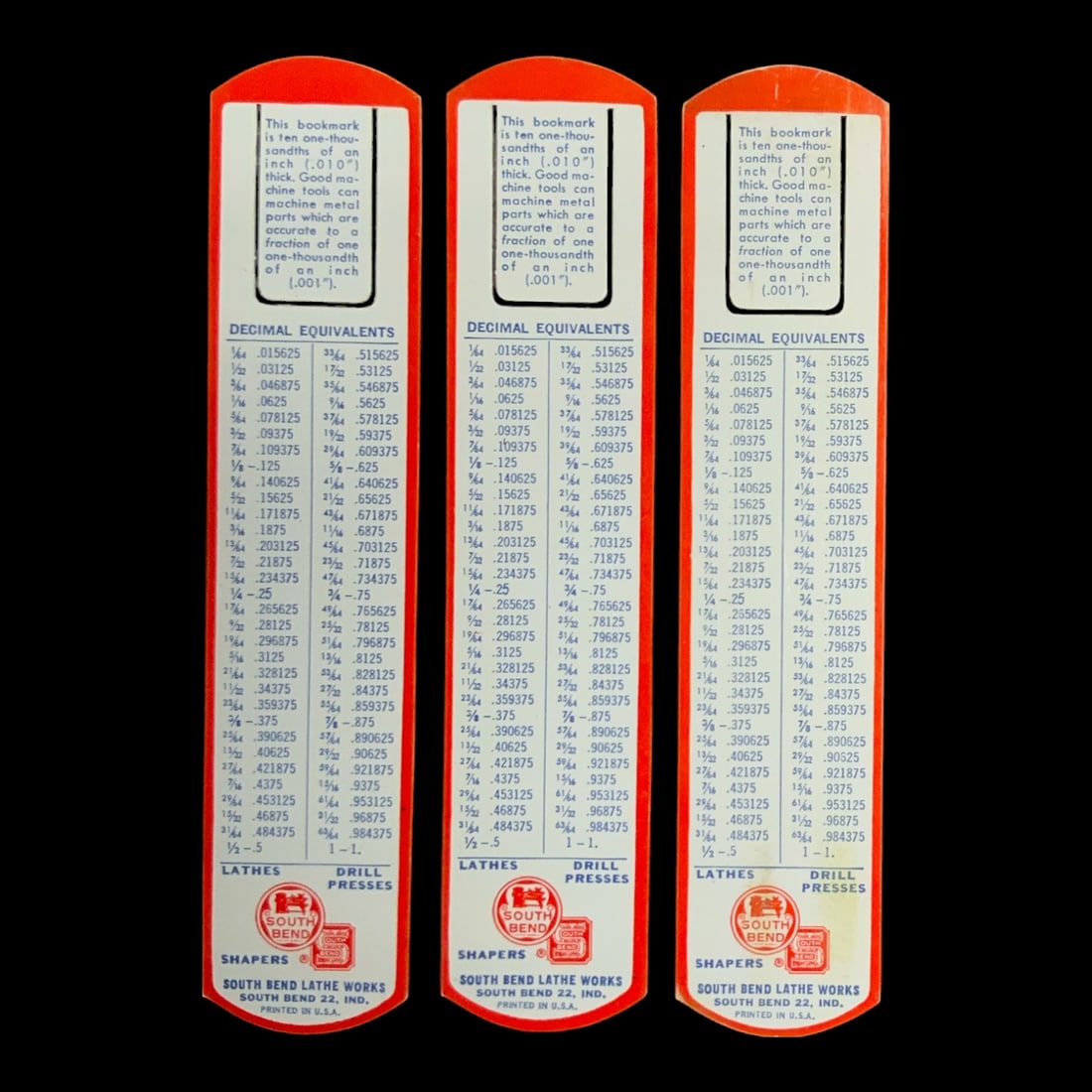 Advertising: (3)Bookmark with Decimal Equivalents South Bend Lathe Works (1 of 2)