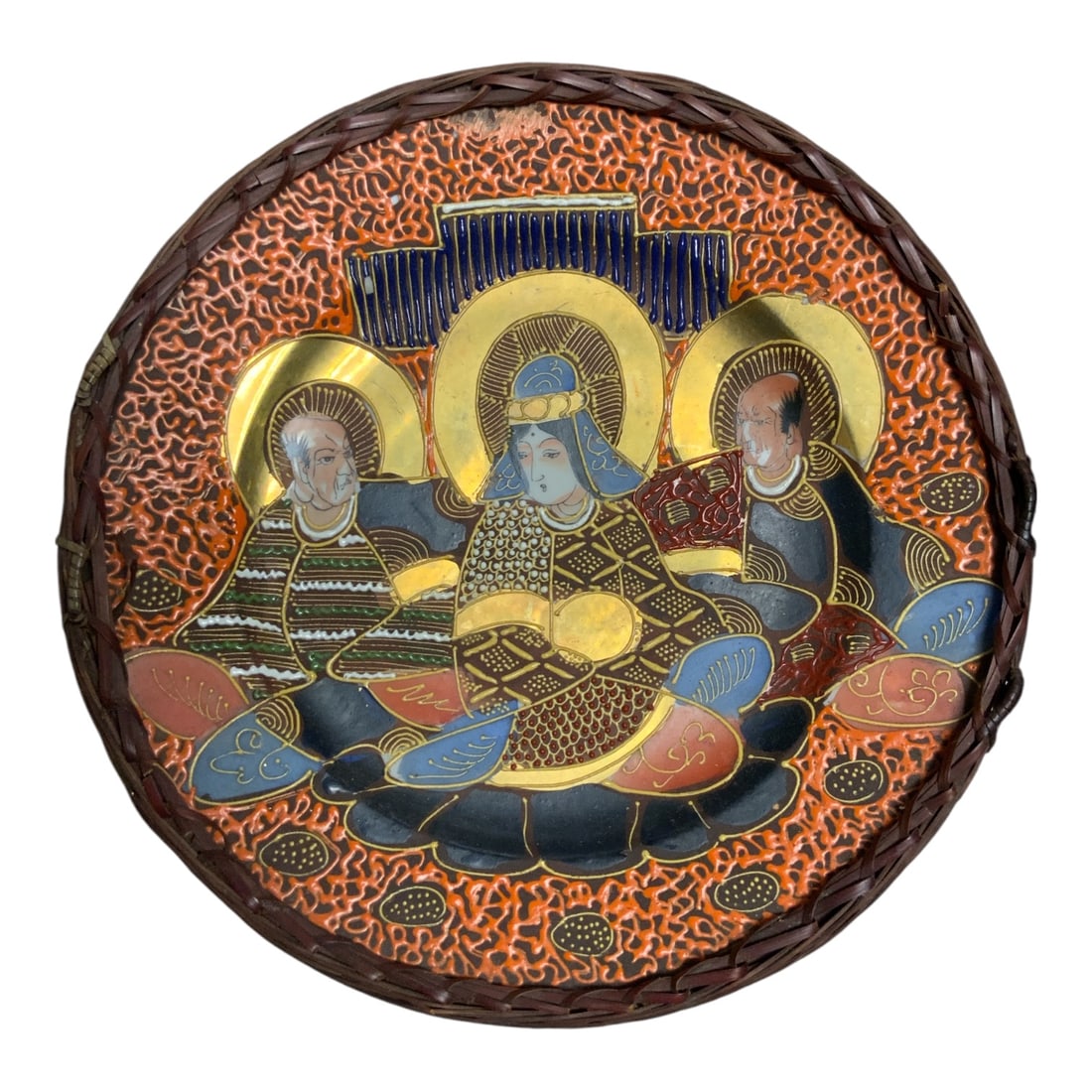 Vintage Japanese Satsuma Style Moriage Plate Wrapped in Woven Cane 'Empress and Advisers' (1 of 3)