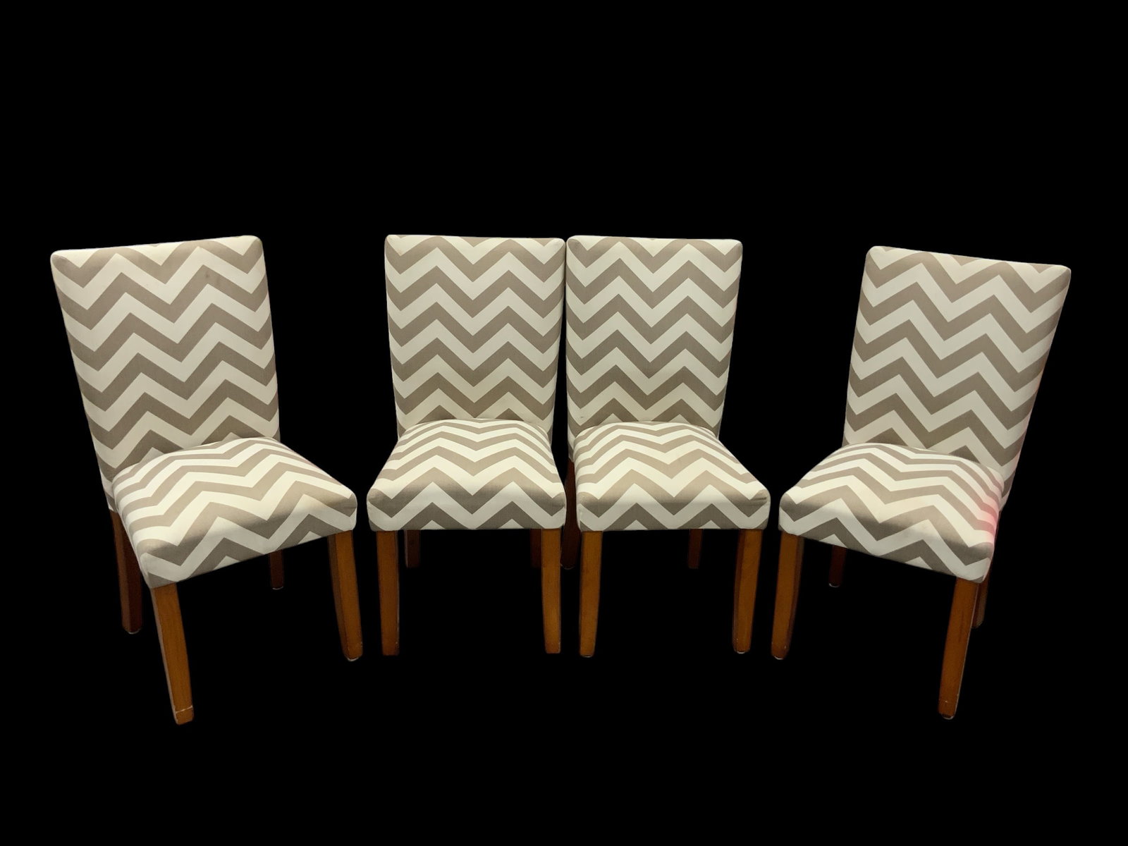 (4) Upholstered Parson's Style Chair Chevron Pattern: (4) Upholstered Parson's Style Chair Chevron Pattern. 38 1/2" tall, 18" wide, 23" front-to-back. .>>>>>>>>>>>>>>READ----READ----READ----Shipping for this lot is available ONLY THROUGH LIVEAUCTIONEERS/