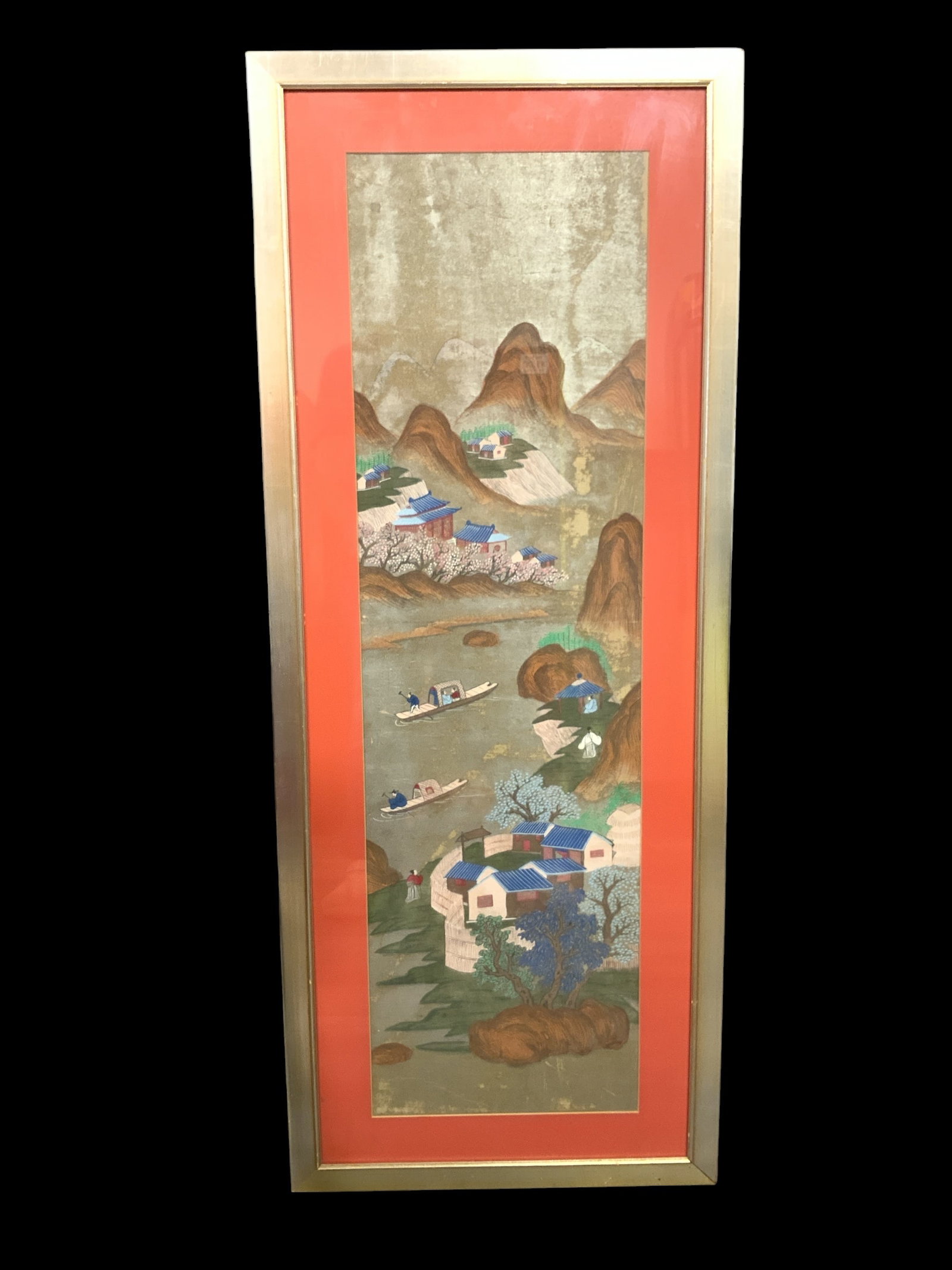 Vintage Chinese Vertical Landscape Art Wood-Framed Metallic Finish: Vintage Chinese Vertical Landscape Art Wood-Framed Metallic Finish. 20 3/4" x 51 3/4". .>>>>>>>>>>>>>>READ----READ----READ----Shipping for this lot is available ONLY THROUGH LIVEAUCTIONEERS/LIVESHIPPI
