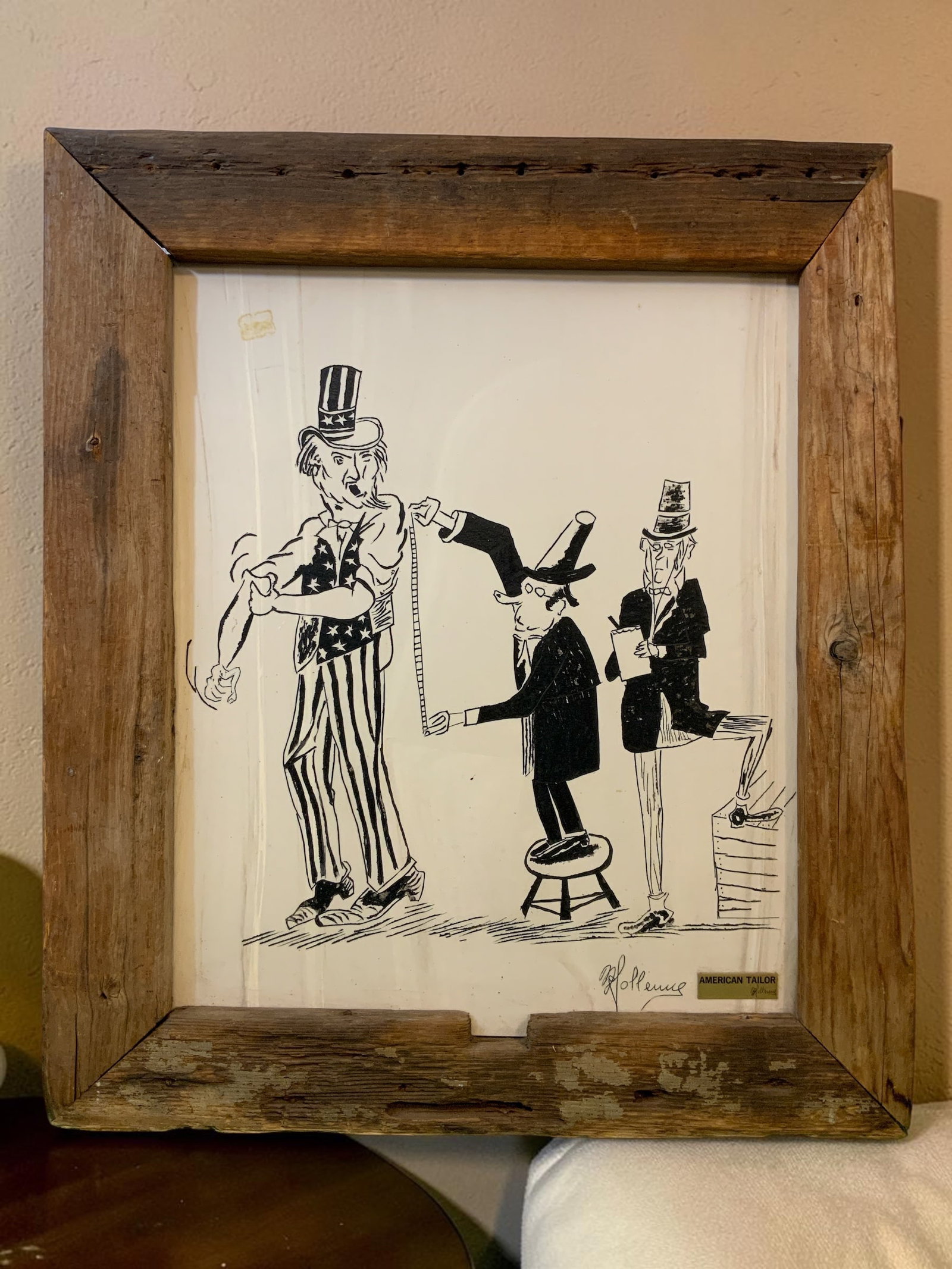 Vintage Caricature "American Tailor" Paint On Tile Rustic Reclaimed Wood Frame Signed (1 of 6)