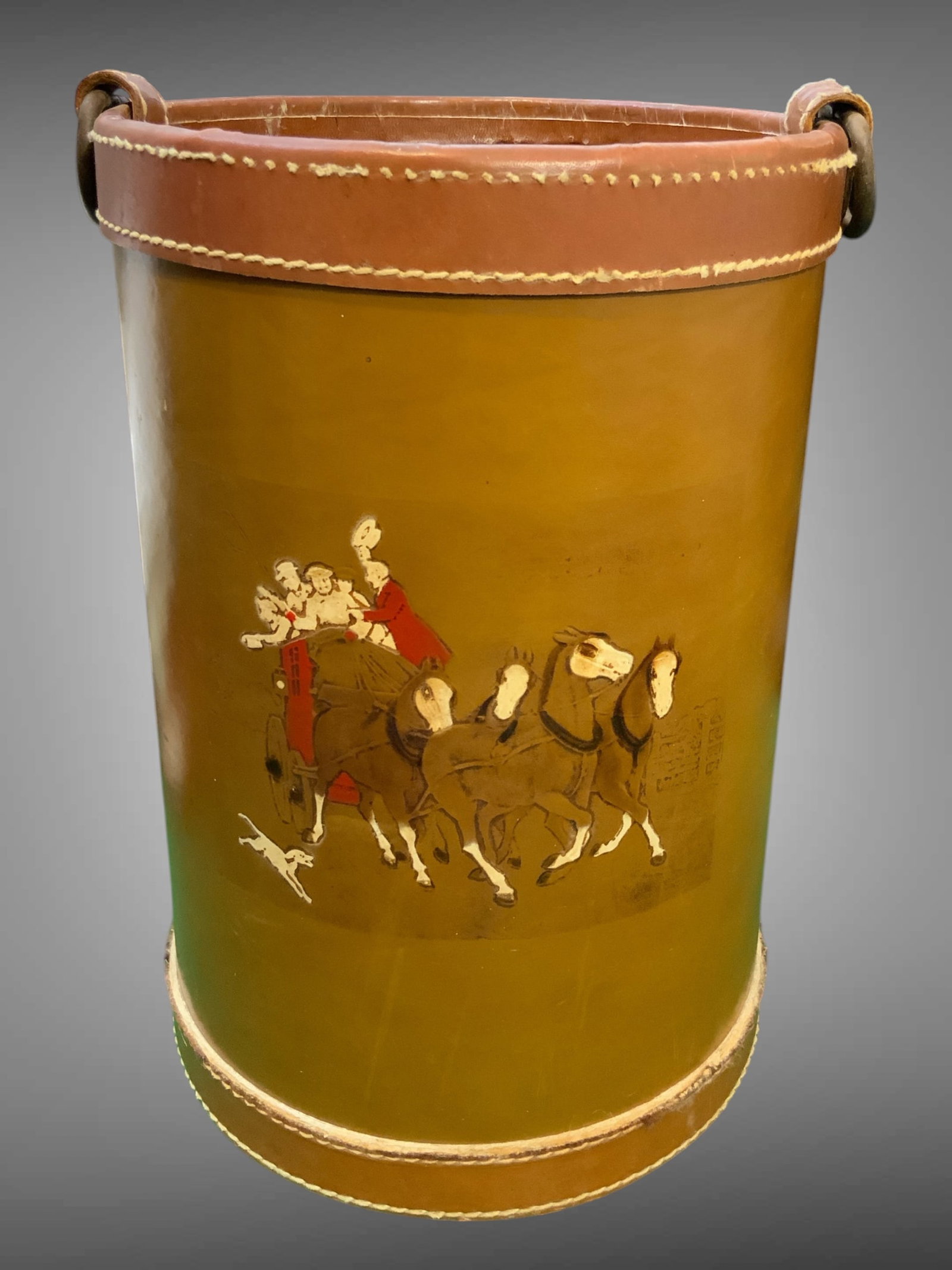 Leather Wastepaper Bin Embossed Horse-drawn Carriage Scene (1 of 7)