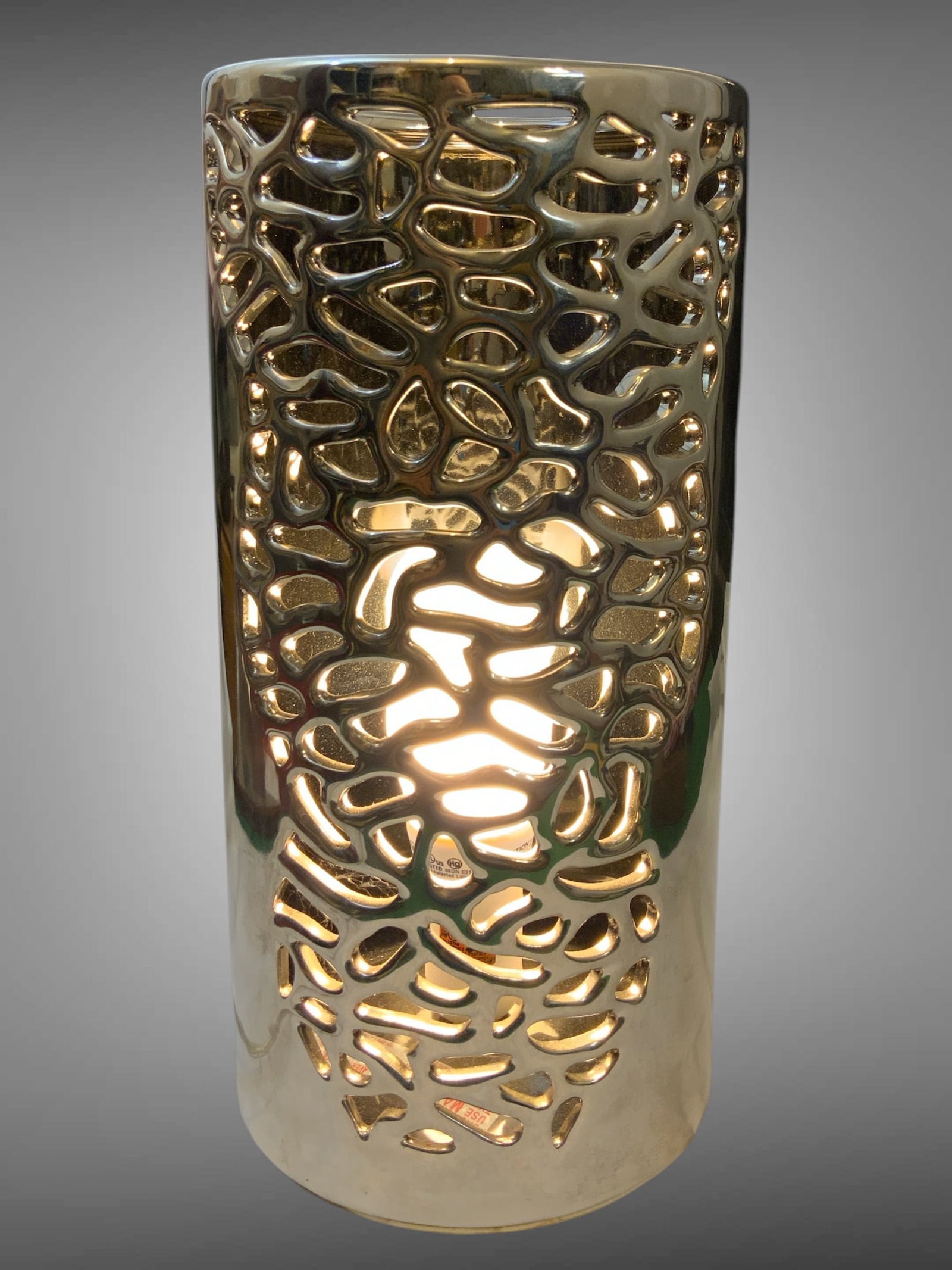 Mid-century Mirror Finish Pierced Design Ceramic Hurricane Table Lamp (1 of 4)