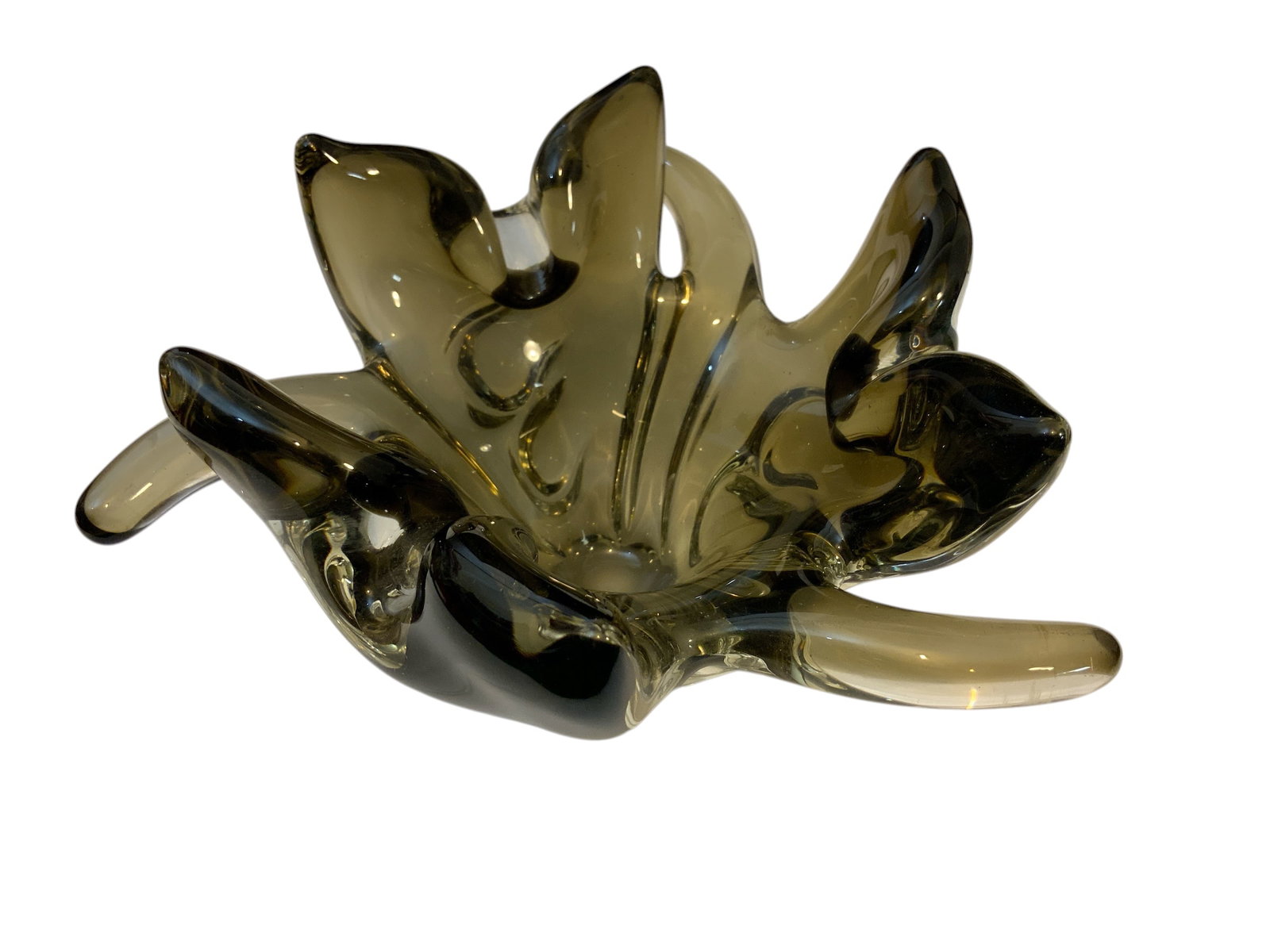 Cased Glass Ashtray = Greenish-Brown Coloration = Likely Murano: Cased Glass Ashtray = Greenish-Brown Coloration = Likely Murano. No labels or marks to establish origin but references attribute this 3-station ashtray to Murano. Bidder must decide. Approx 5" tall an