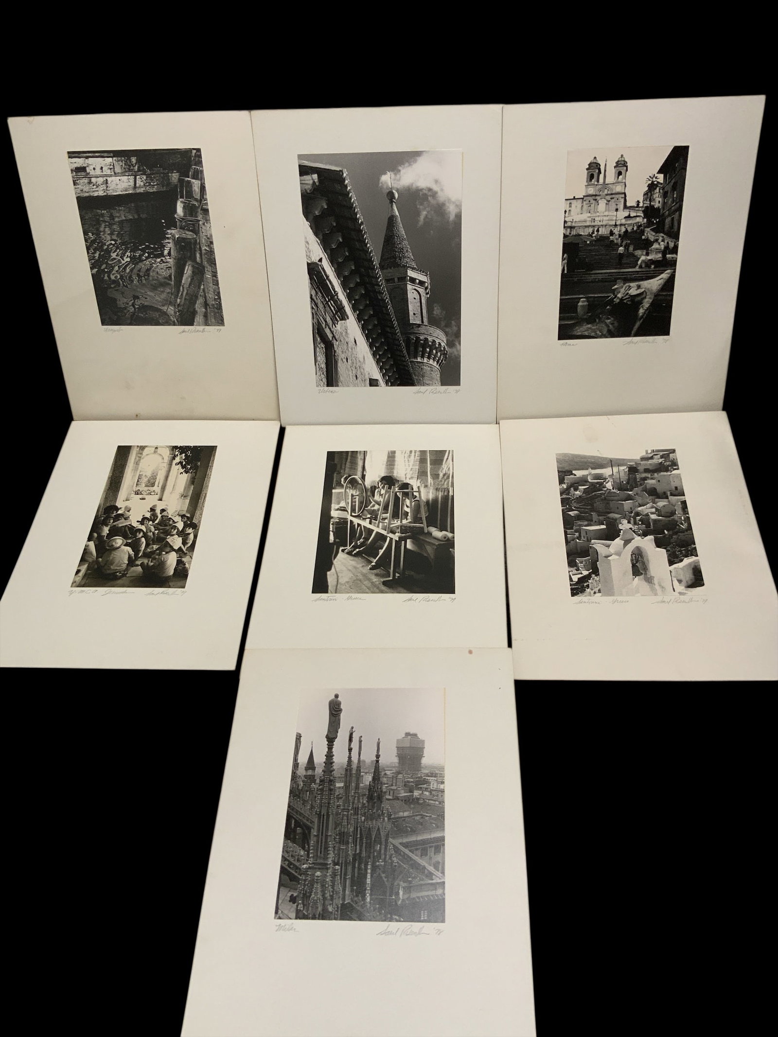 Collection of (7) B&W Photo Prints by Saul Rosenblum: Collection of (7) B&W Photo Prints by Saul Rosenblum. Each print is mounted on heavy stock which carries the Title, photographer's signature and Date. Mounts measure 12" x 16". .>>>>>>>>>>>>>>READ----