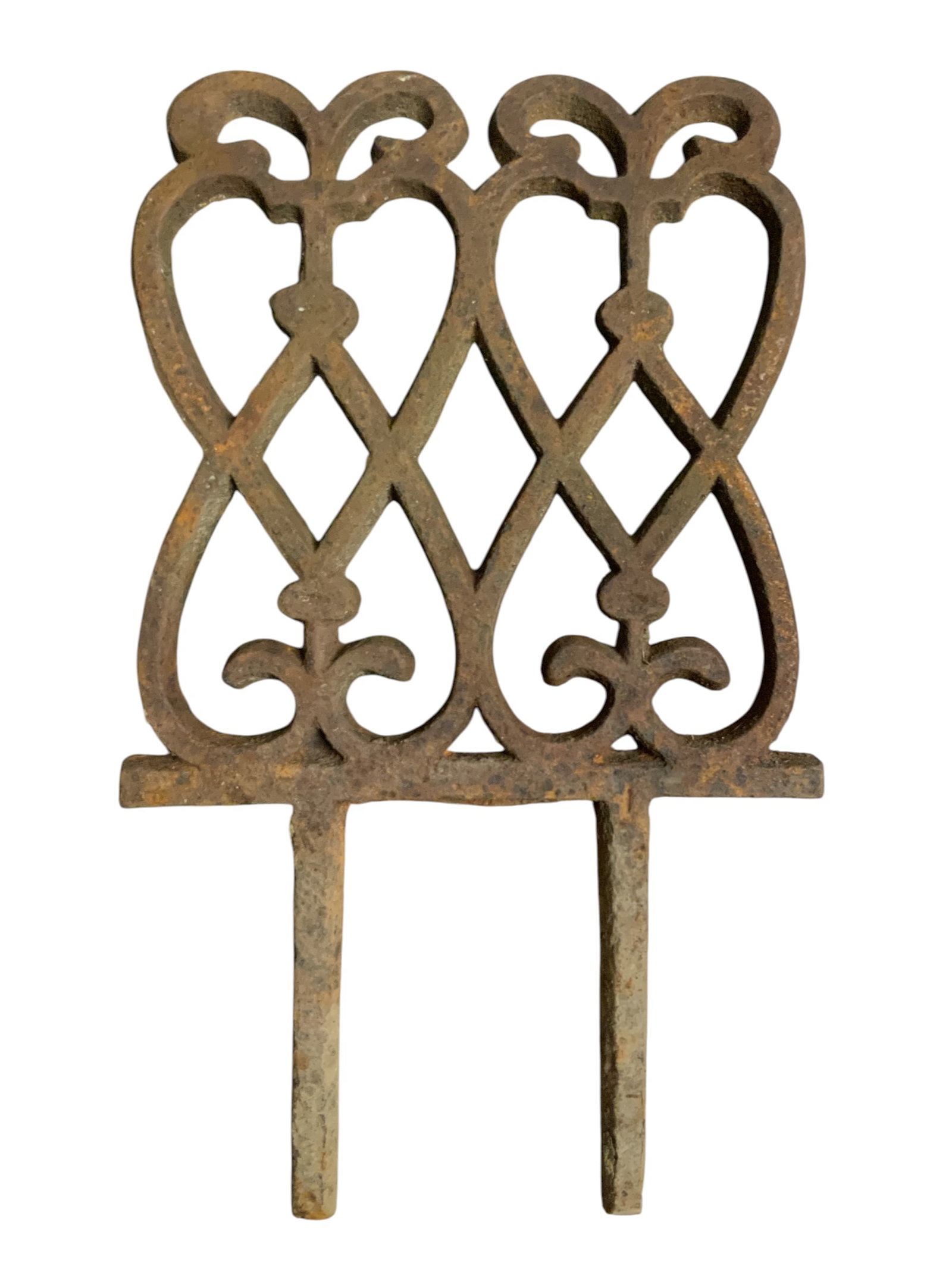 Vintage Cast Iron Garden Border - 30 pieces: Vintage Cast Iron Garden Border - 30 pieces. One piece is missing one spike. Each piece weighs 2 1/4lbs and measures 7 1/4" wide, 12" tall(including the spikes). Desk drawer shown measures 23" x 22 1/