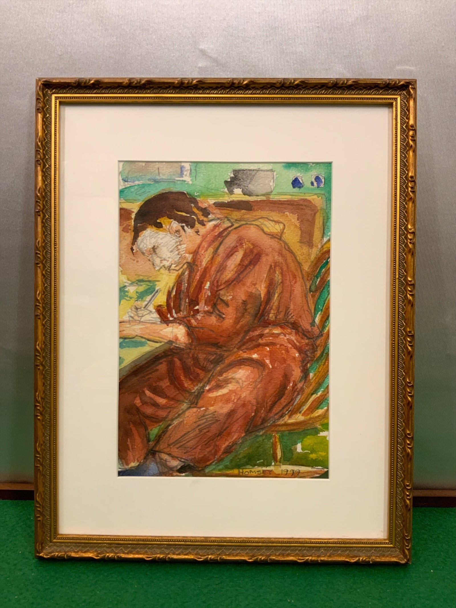 Framed Watercolor(?) / Mixed Media(?) Painting on Paper Signed: Homsey 1999: Framed Watercolor(?) / Mixed Media(?) Painting on Paper Signed: Homsey 1999. Looks like an original watercolor. Internet references claim mixed media-I don't see it except maybe the face. Under glass 