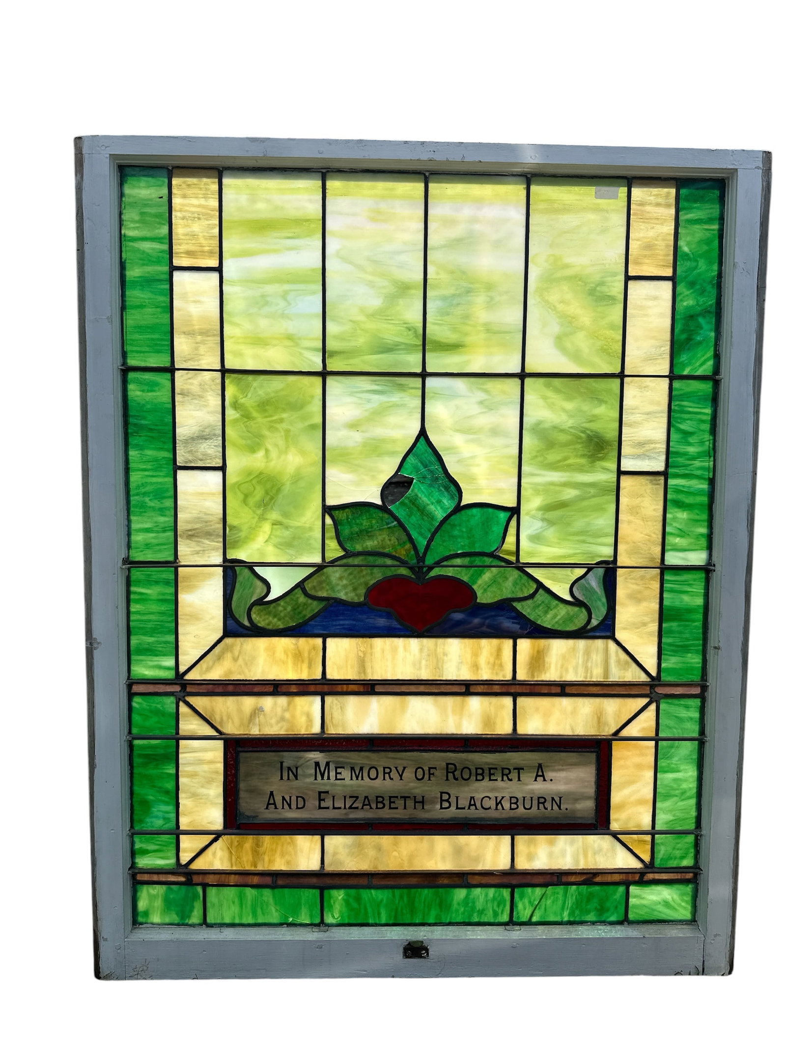 Stained Glass Memorial Window: Stained Glass Memorial Window. Has a ‘strike’ with a small piece missing. 1 3/4” x 38” x 49”. .>>>>>>>>>>>>>>READ----READ----READ----Shipping for this lot is available ONLY THROU