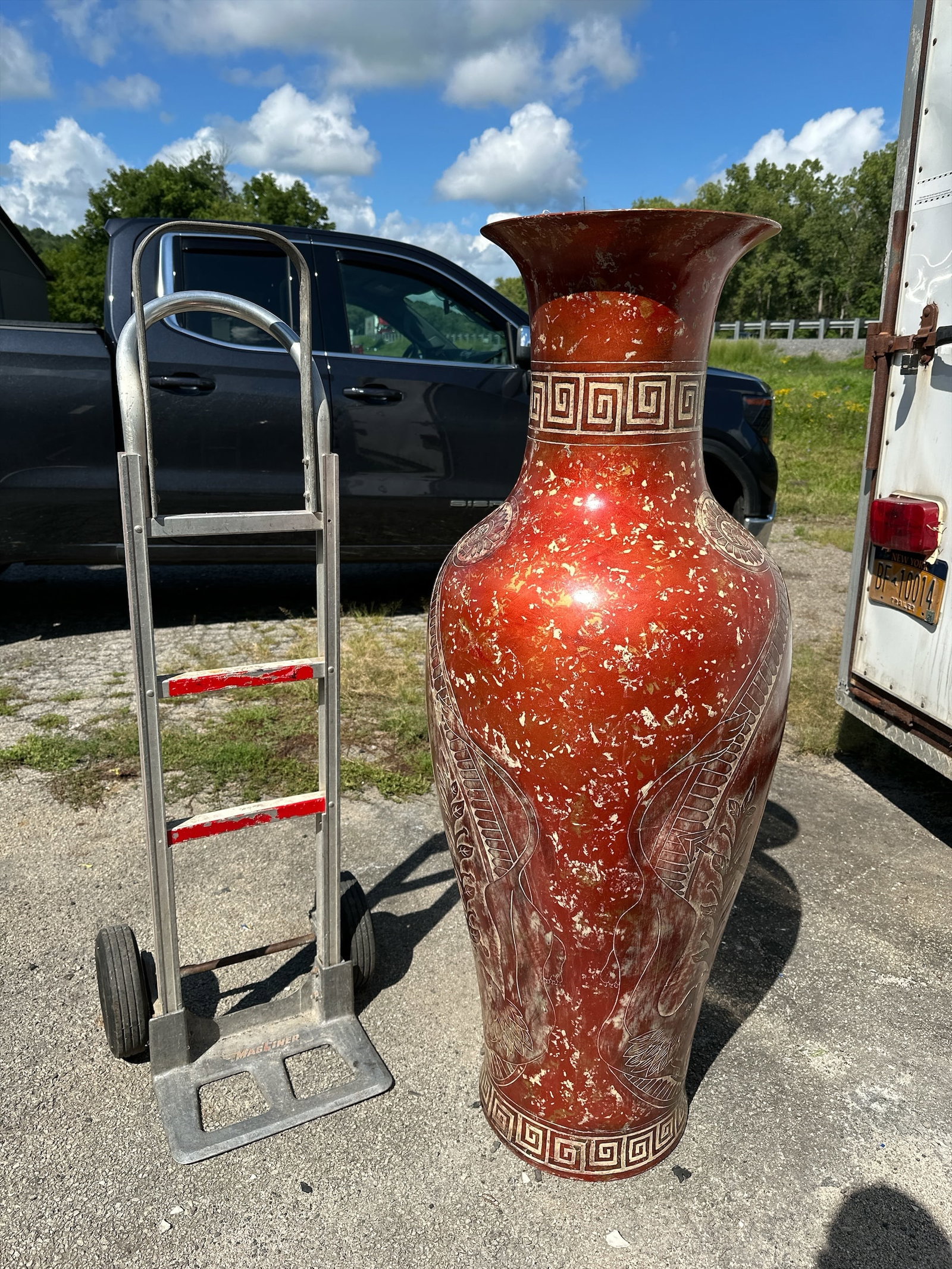 Large Greek King Vase: Large Greek King Vase. Has a couple of marks in the finish. Approx 19” diameter and 52” tall. .>>>>>>>>>>>>>>READ----READ----READ----Shipping for this lot is available ONLY THROUGH LIVEAUC