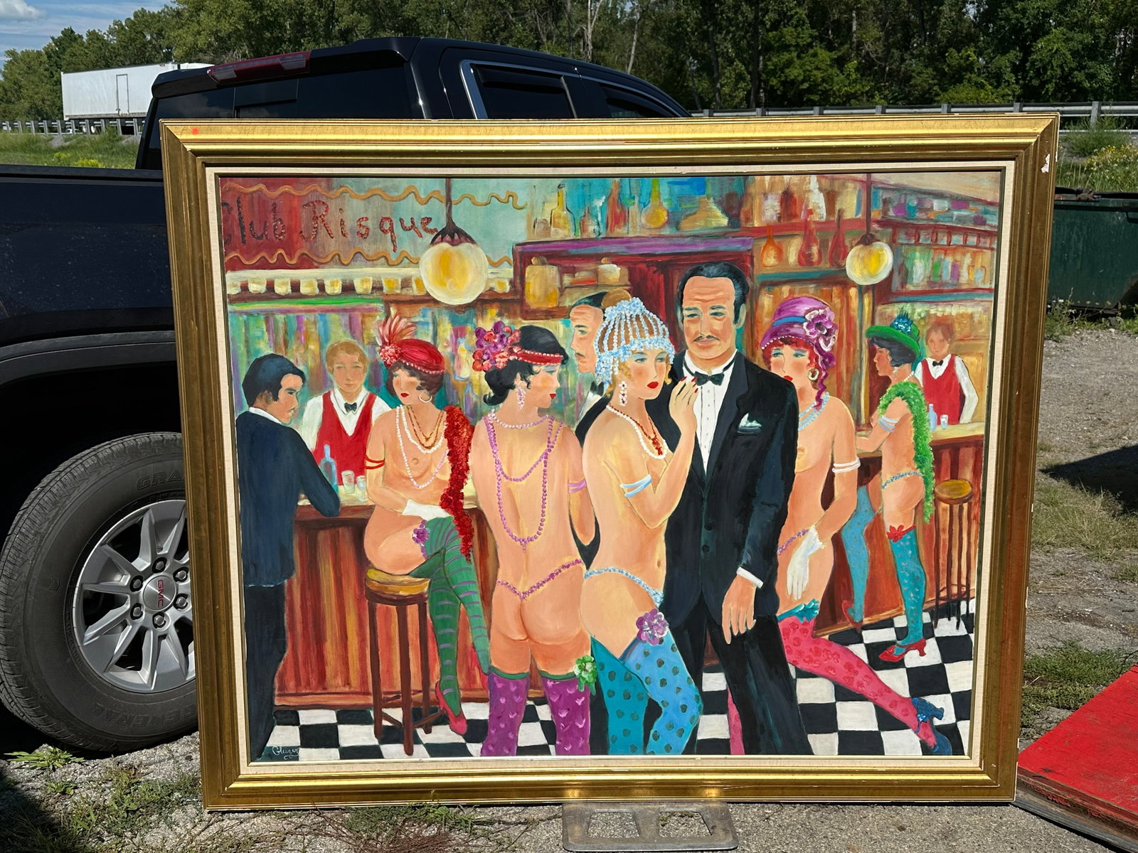 Large Paint on Canvas ‘Club Risqué’ by Hilda Gleizer Rindom: Large Paint on Canvas ‘Club Risqué’ by Hilda Gleizer Rindom. Has a small slice near the pendulum light. 56”tall x 68”wide. .>>>>>>>>>>>>>>READ----READ----READ----Shipping for this lot