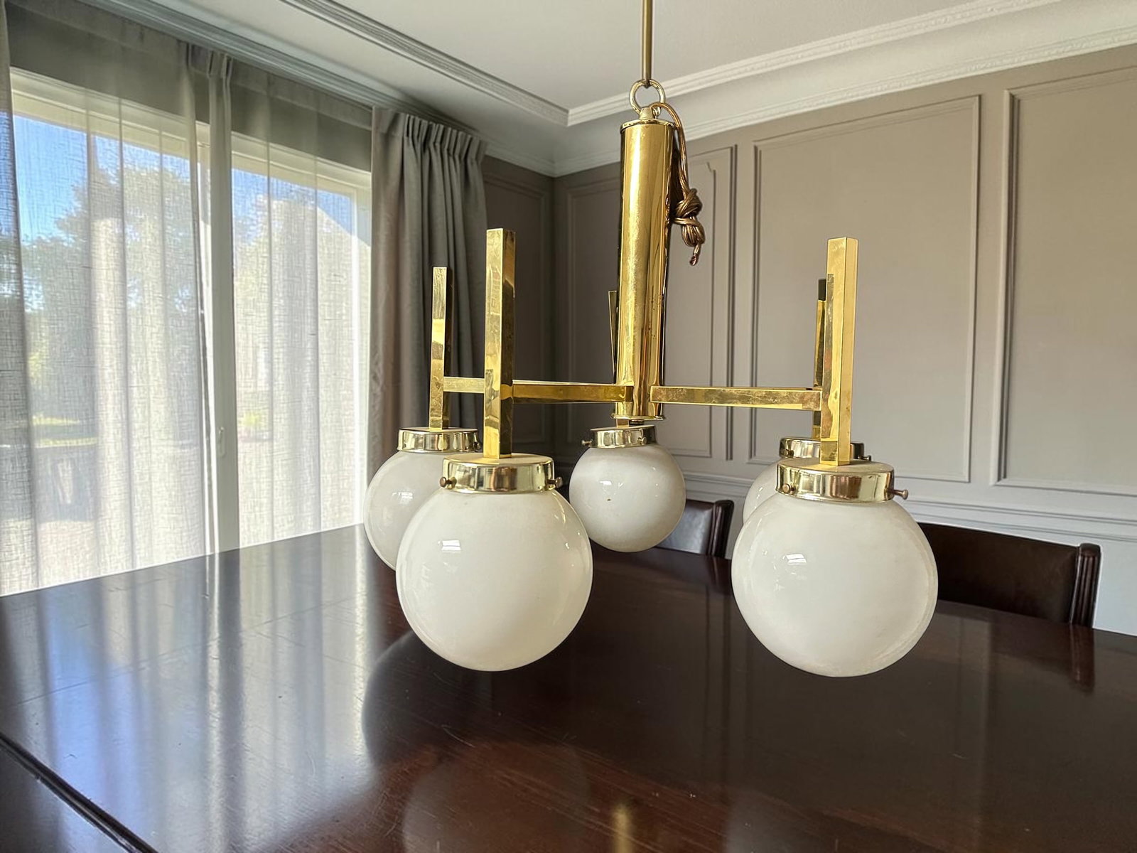 Mid-century Chandelier Milk Glass Globes and Square Brass Tube Arms (1 of 3)