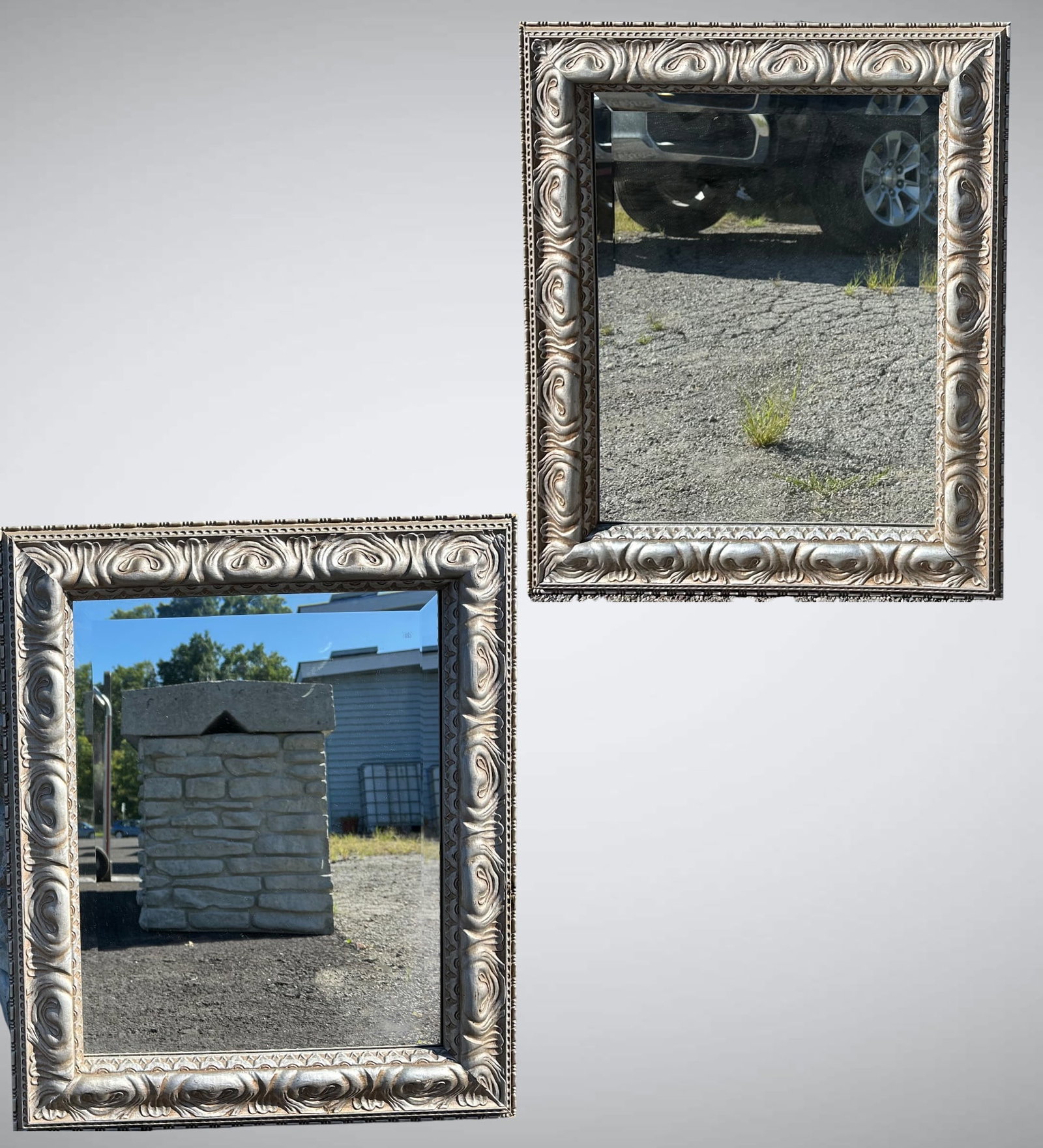 Pair Mirrors Silvertone Frame Beveled Glass: Pair Mirrors Silvertone Frame Beveled Glass. 21 1/2” x 25 1/2”each. .>>>>>>>>>>>>>>READ----READ----READ----Shipping for this lot is available ONLY THROUGH LIVEAUCTIONEERS/LIVESHIPPING. We 