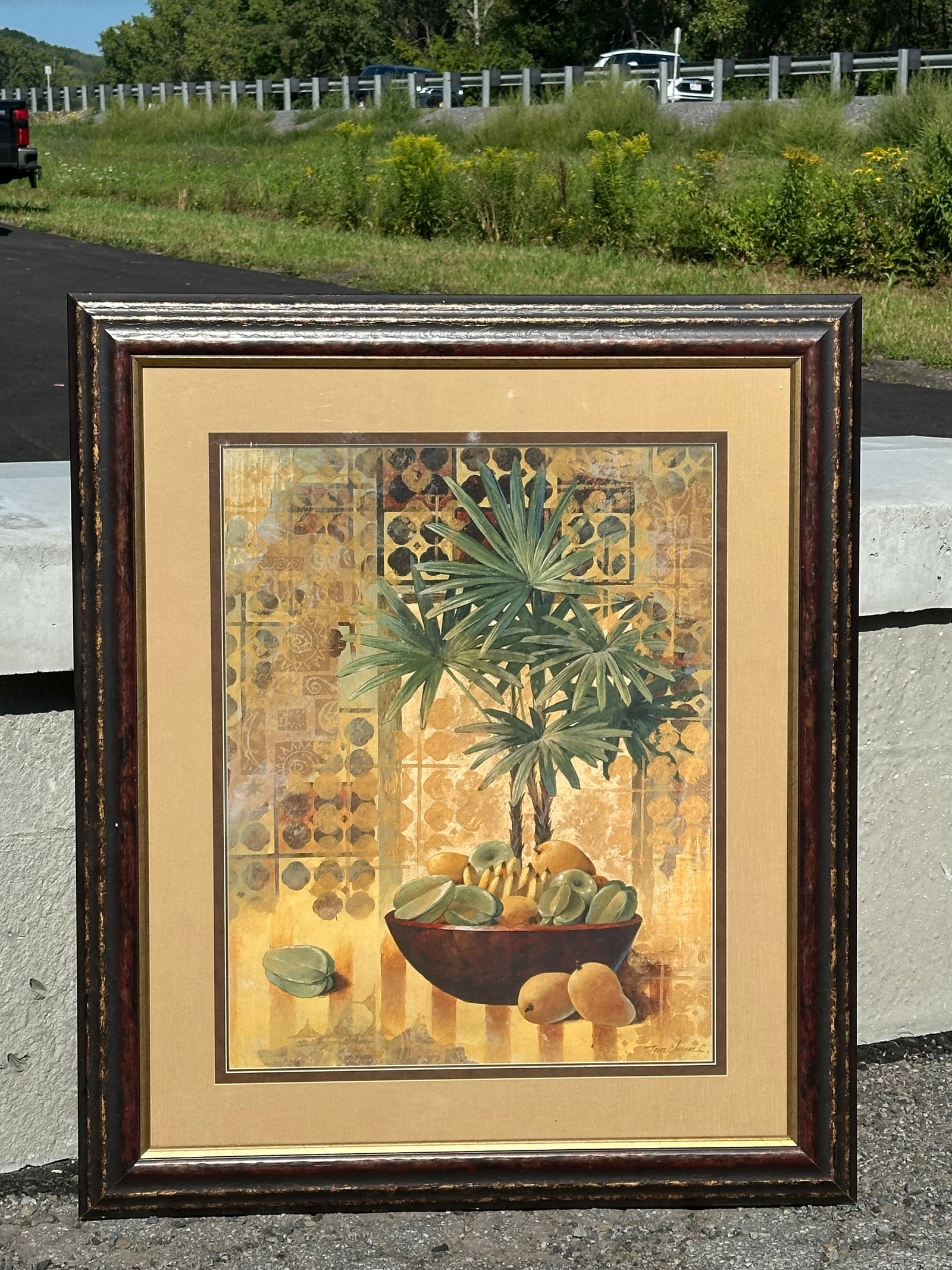 Print: Still-life Palm Tree over a Fruit Bowl Framed: Print: Still-life Palm Tree over a Fruit Bowl Framed. 35”wide x 41”tall. .>>>>>>>>>>>>>>READ----READ----READ----Shipping for this lot is available ONLY THROUGH LIVEAUCTIONEERS/LIVESHIPPING