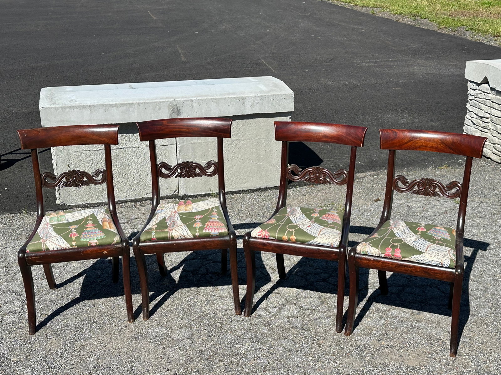 (4) 19c Empire Side Chairs Upholstered Seat *CLEAN*: (4) 19c Empire Side Chairs Upholstered Seat *CLEAN*. 34”tall x 19 1/2”wide x 21”front-to-back. .>>>>>>>>>>>>>>READ----READ----READ----Shipping for this lot is available ONLY THROUGH 