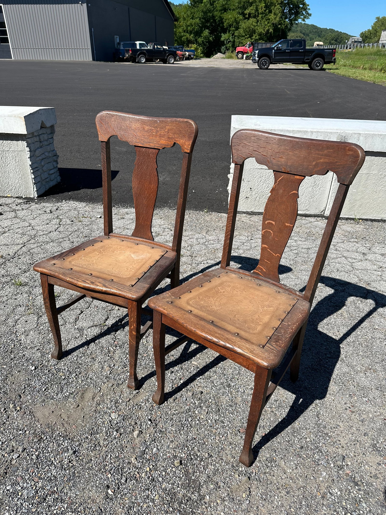 (2) Vtg Arts & Crafts Oak Side Chairs Embossed Seat: (2) Vtg Arts & Crafts Oak Side Chairs Embossed Seat. 38 1/2”tall x 18”wide x 18”front-to-back. .>>>>>>>>>>>>>>READ----READ----READ----Shipping for this lot is available ONLY THROUGH 