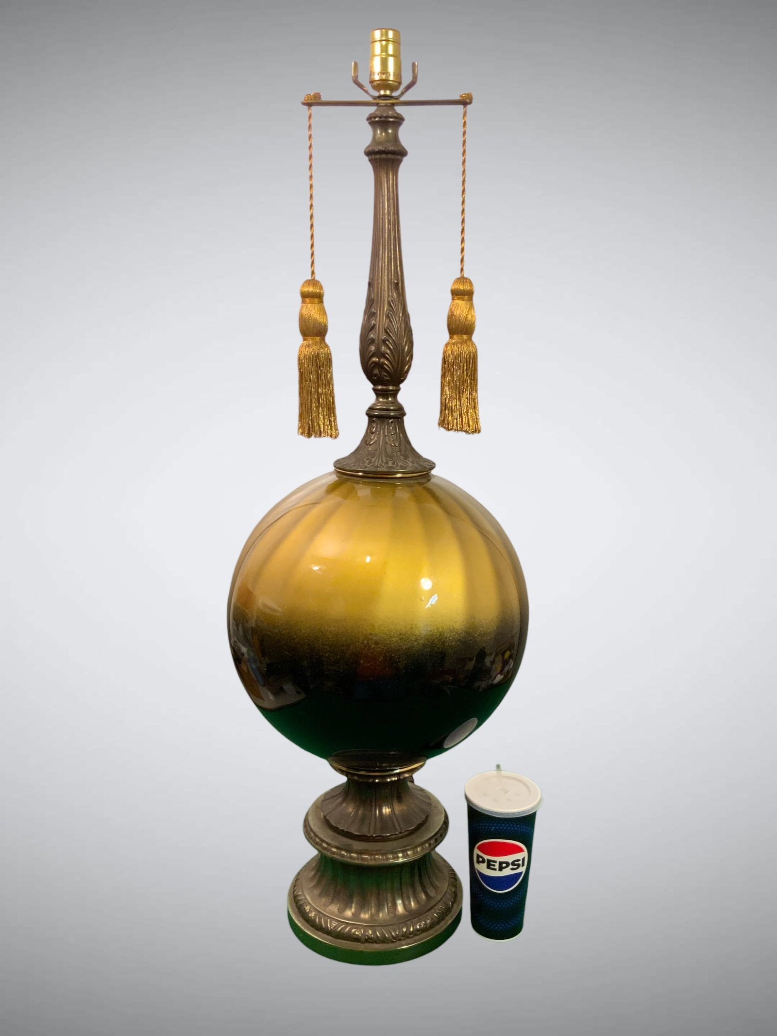 Large(39”) Rembrandt (attrib.) TABLE LAMP: Large(39”) Rembrandt (attrib.) TABLE LAMP. Featuring a striking ombre amber glass globe and ornate gold tassels. Three-way switch. 39”tall x 12”dia. .>>>>>>>>>>>>>>READ----READ----RE