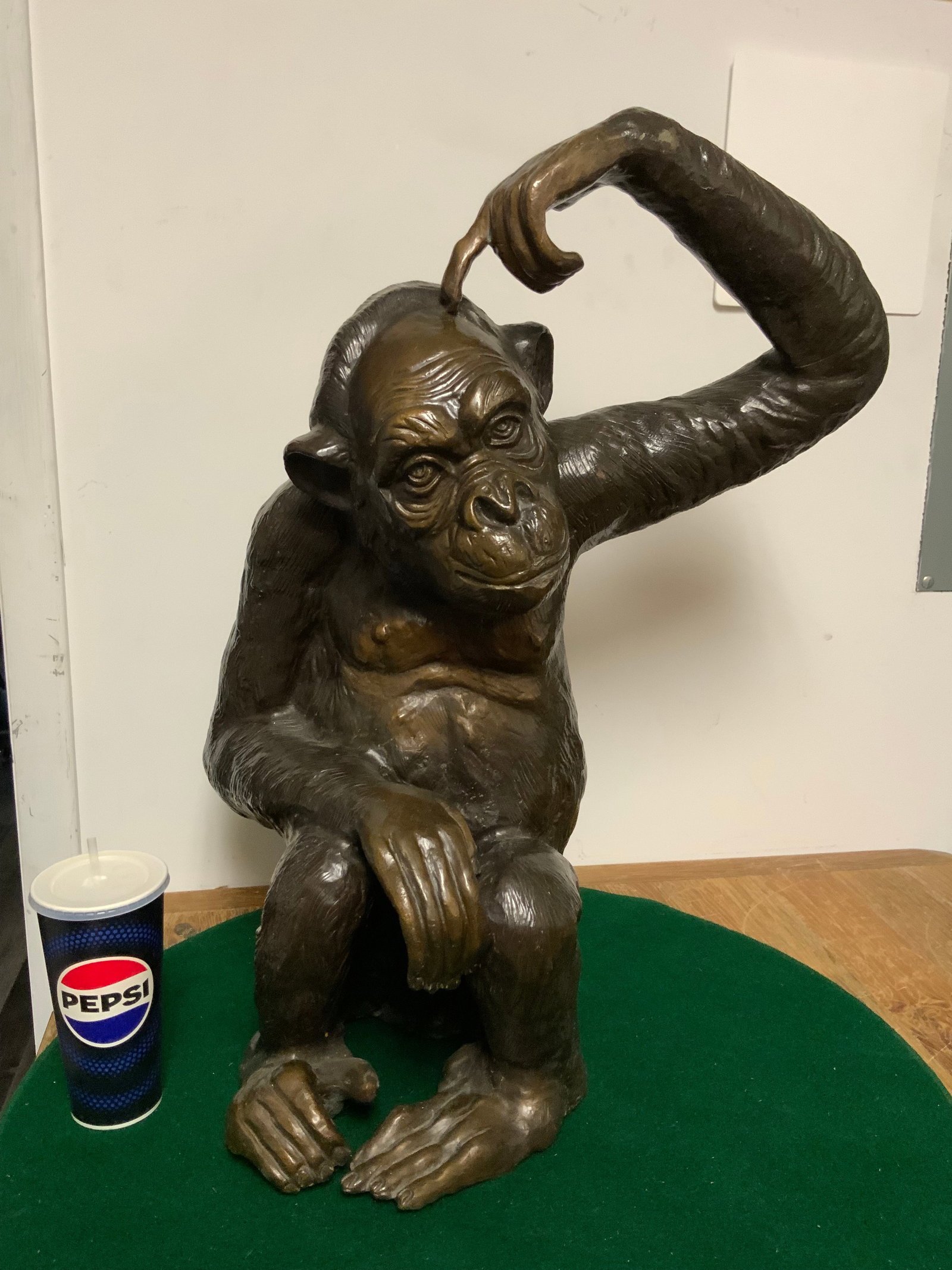 Large(27"tall) Bronze Chimpanzee After Fratin Marked "© Fratin": Large(27"tall)artist signed Bronze Chimpanzee After Fratin. Nicely detailed. Hollow with multi-toned patina. Marked 'c Fratin', c being the copyright symbol. 27"tall x 20"wide x 14"front-to-back. .>>>