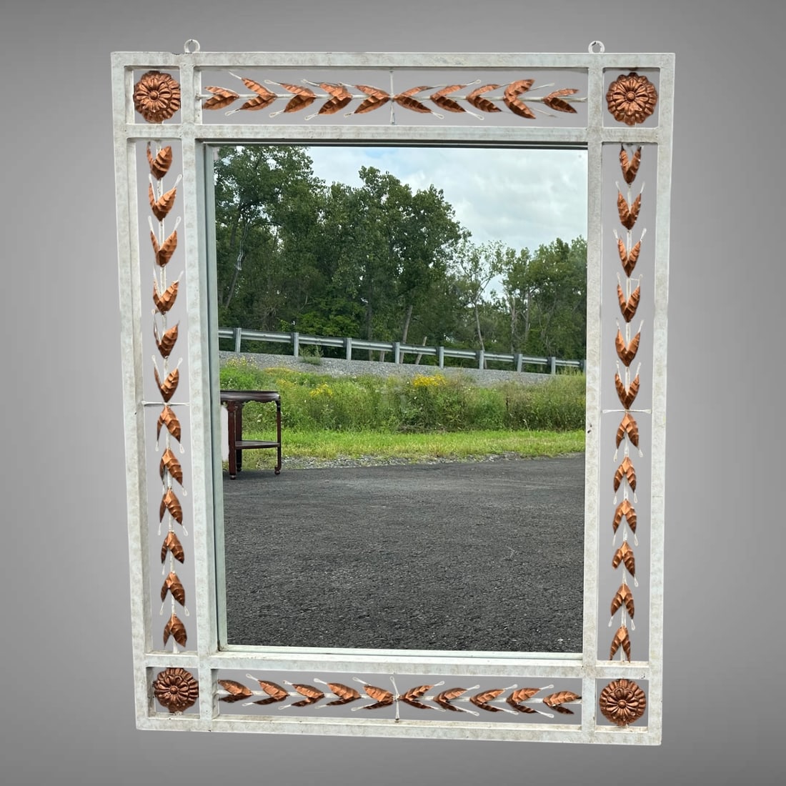 Large Decorative Metal Frame Wall Mirror: Large Decorative Metal Frame Wall Mirror. 50”tall x 40”wide. .>>>>>>>>>>>>>>READ----READ----READ----Shipping for this lot is available ONLY THROUGH LIVEAUCTIONEERS/LIVESHIPPING. We advise 