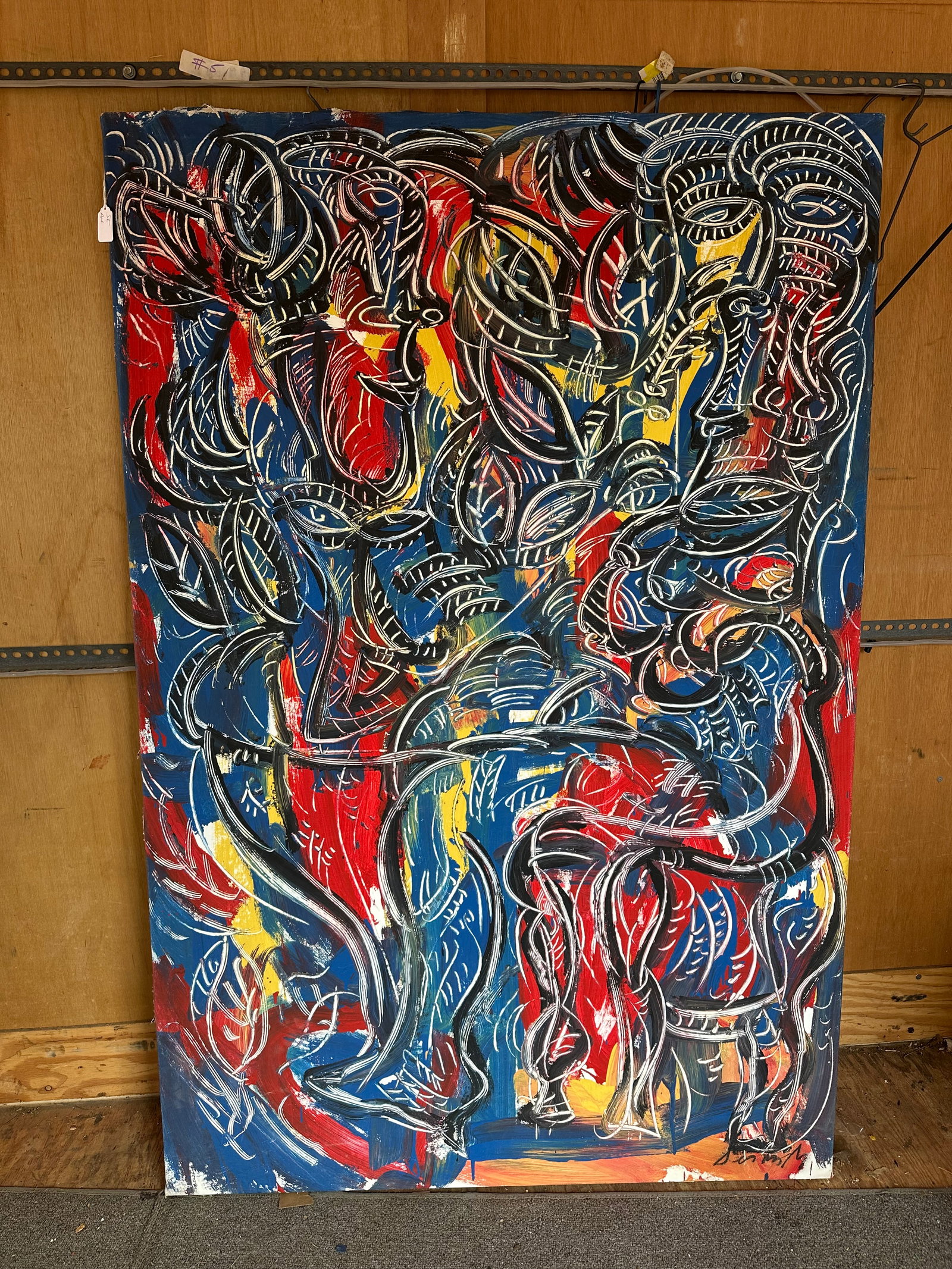Large Abstract Expressionidt-style Painting on Canvas: Large Abstract Expressionidt-style Painting on Canvas. Signed-illegible . 59” x 39”. .>>>>>>>>>>>>>>READ----READ----READ----Shipping for this lot is available ONLY THROUGH LIVEAUCTIONEERS/