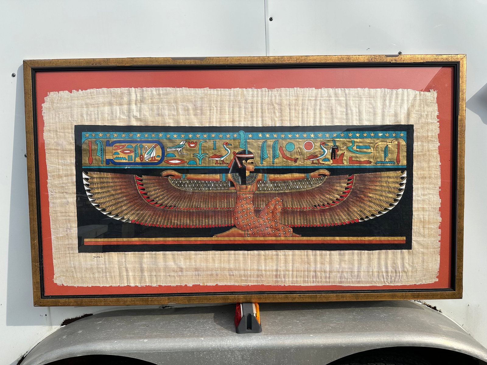 Vintage Framed Egyptian Papyrus Painting: Vintage Framed Egyptian Papyrus Painting. Nicely framed and matted. Bright colors. Gold finish is flaking off the frame. 31”tall x 54 1/2”wide. .>>>>>>>>>>>>>>READ----READ----READ----Shipp