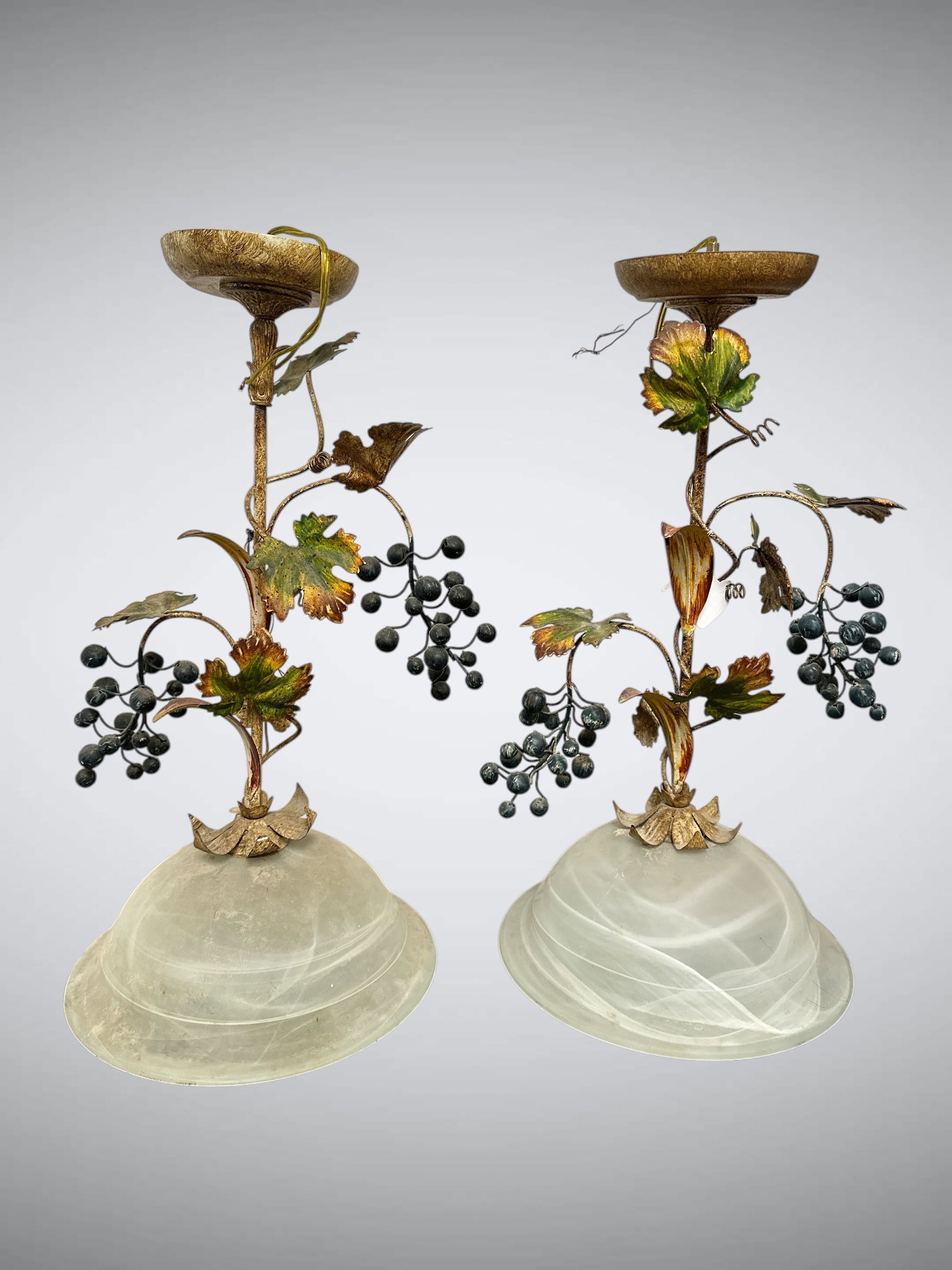 Vintage Tole-style Metal Art Pendant Lamps: Vintage Tole-style Metal Art Pendant Lamps. Single bulb fixtures. Installation Hardware is not included. Frosted Glass Shades 12 1/4"diameter. Overall24"tall. .>>>>>>>>>>>>>>READ----READ----READ----Sh