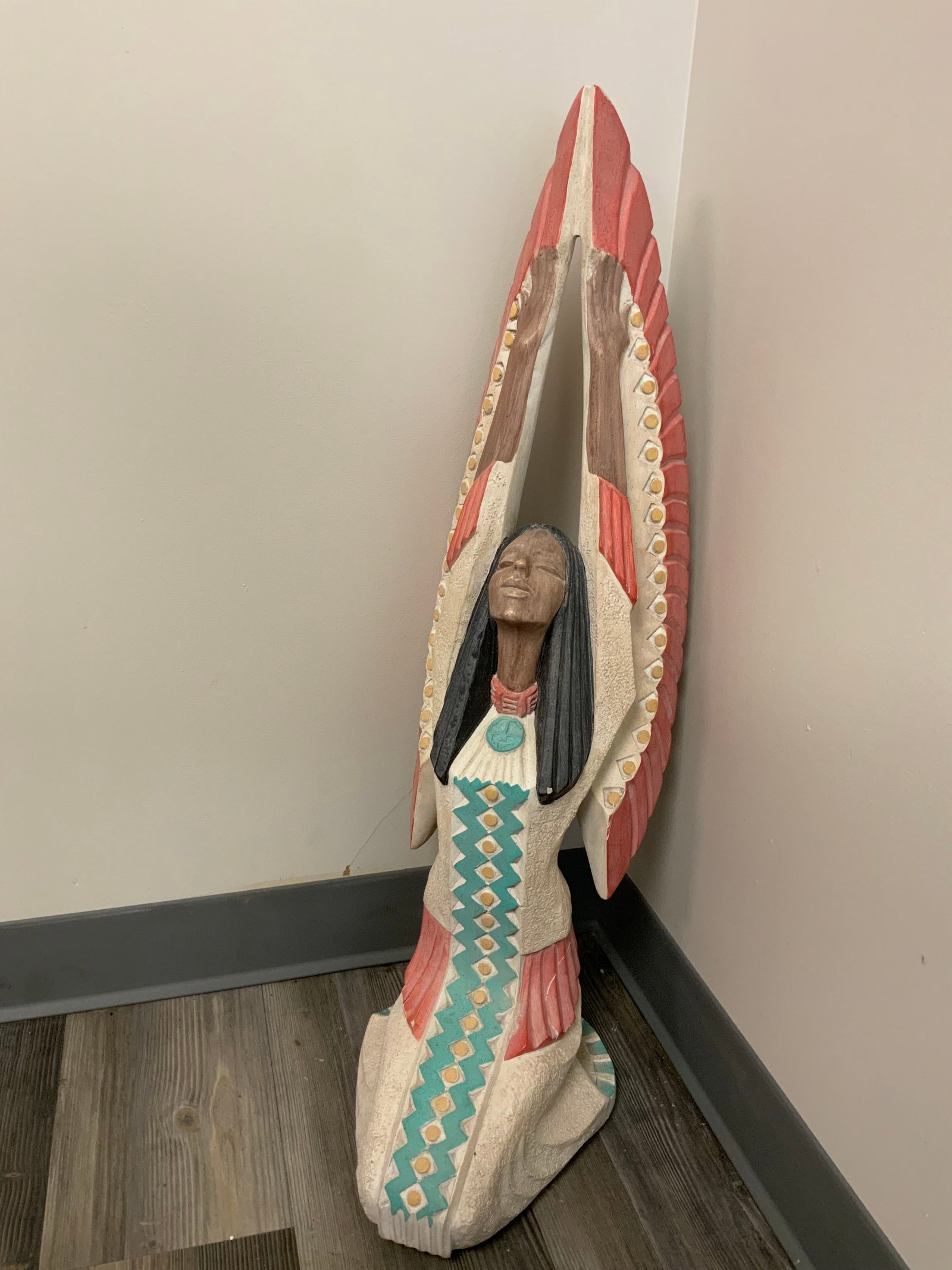 Sculpture: “Freedom Spirit" Austin Prod Inc 1989: Sculpture: “Freedom Spirit" Austin Prod Inc 1989. Hand painted detail. Has a small fleabite in the finish at the end of her hair. Made of a heavy plaster-like composite material. 9" wide, 12"