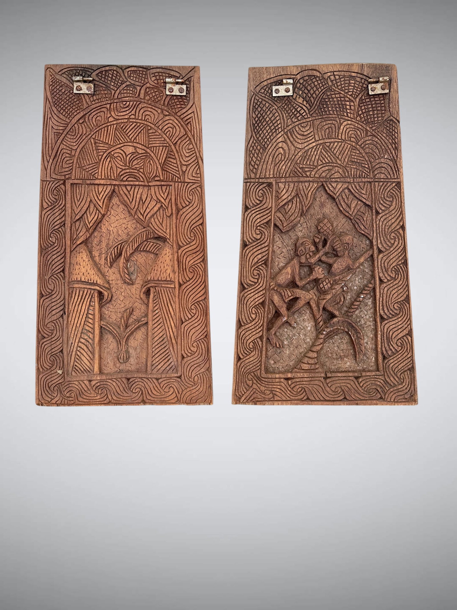 (2) Carved Wood Panels: (2) Carved Wood Panels.20 1/4”tall x 11”wide(tapers to about 9”. .>>>>>>>>>>>>>>READ—-READ—-READ—-Shipping for this lot is available ONLY THROUGH LIVEAUCTIONEERS/LIVESHIPPING. 