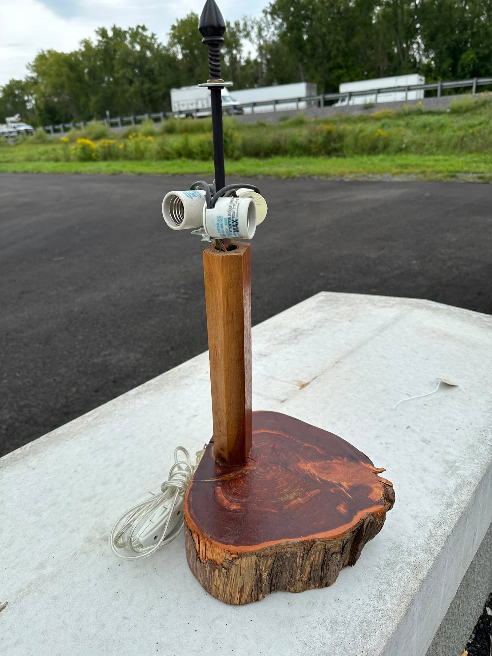 Live-edge Disc Log-cut Table Lamp: Live-edge Disc Log-cut Table Lamp. 3-bulb fixture. 22”tall 9” x 9 1/2”base. .>>>>>>>>>>>>>>READ—-READ—-READ—-Shipping for this lot is available ONLY THROUGH LIVEAUCTIONEERS/LIV