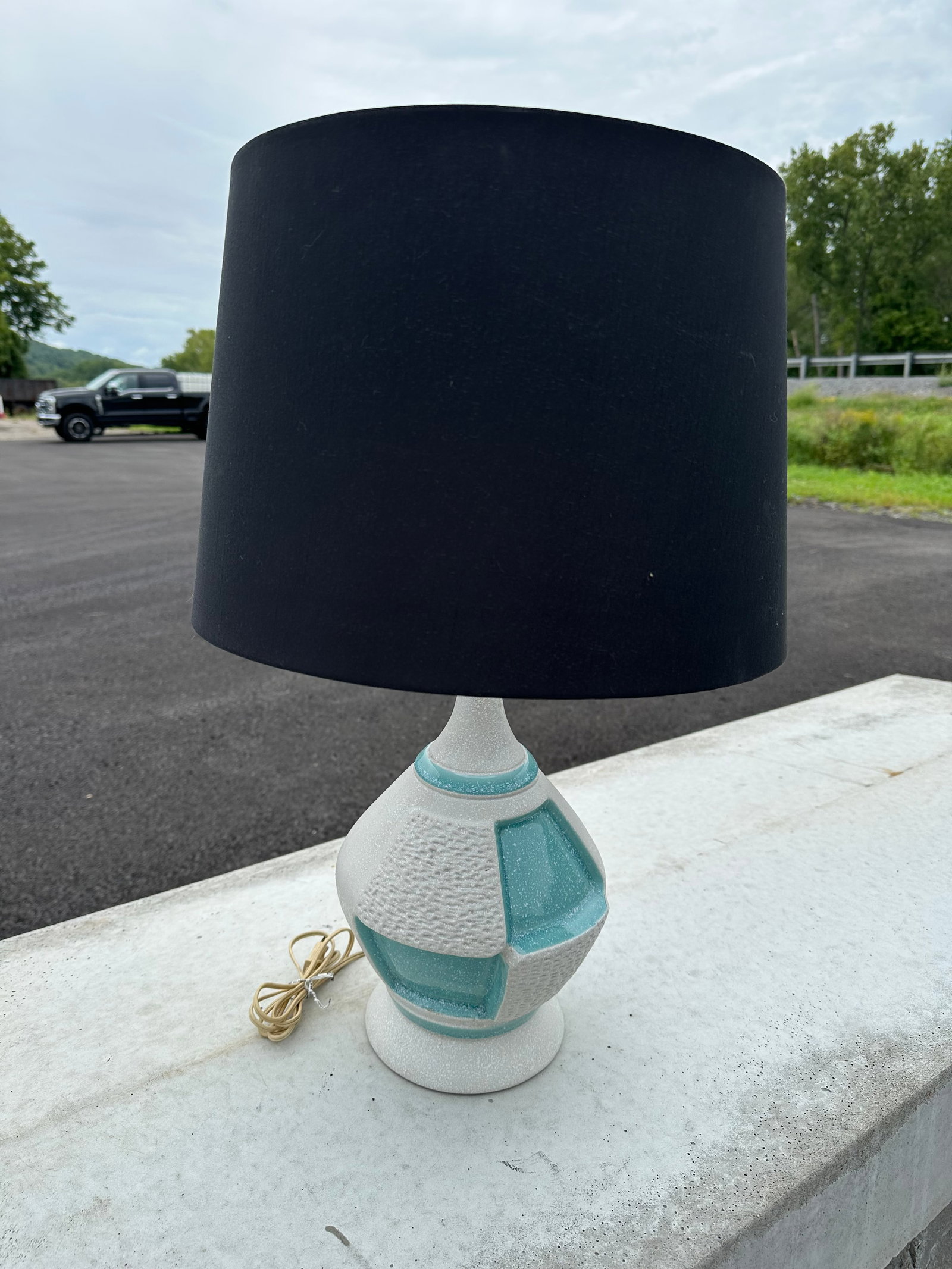 Geometric Ceramic Table Lamp Base with Black Drum Shade (1 of 5)