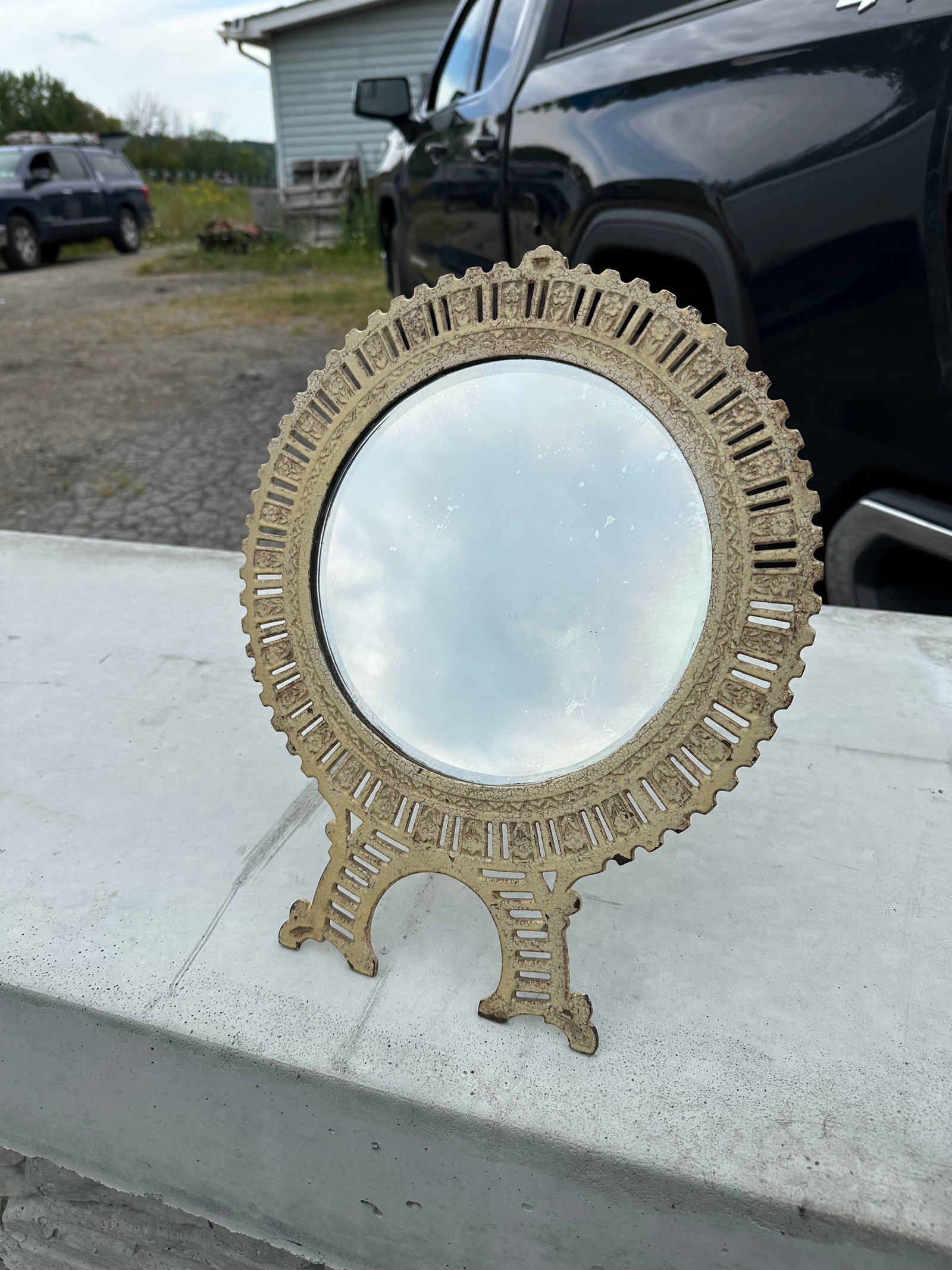 Vtg Ornate Circular Cast Iron Frame Easel Mirror (1 of 4)