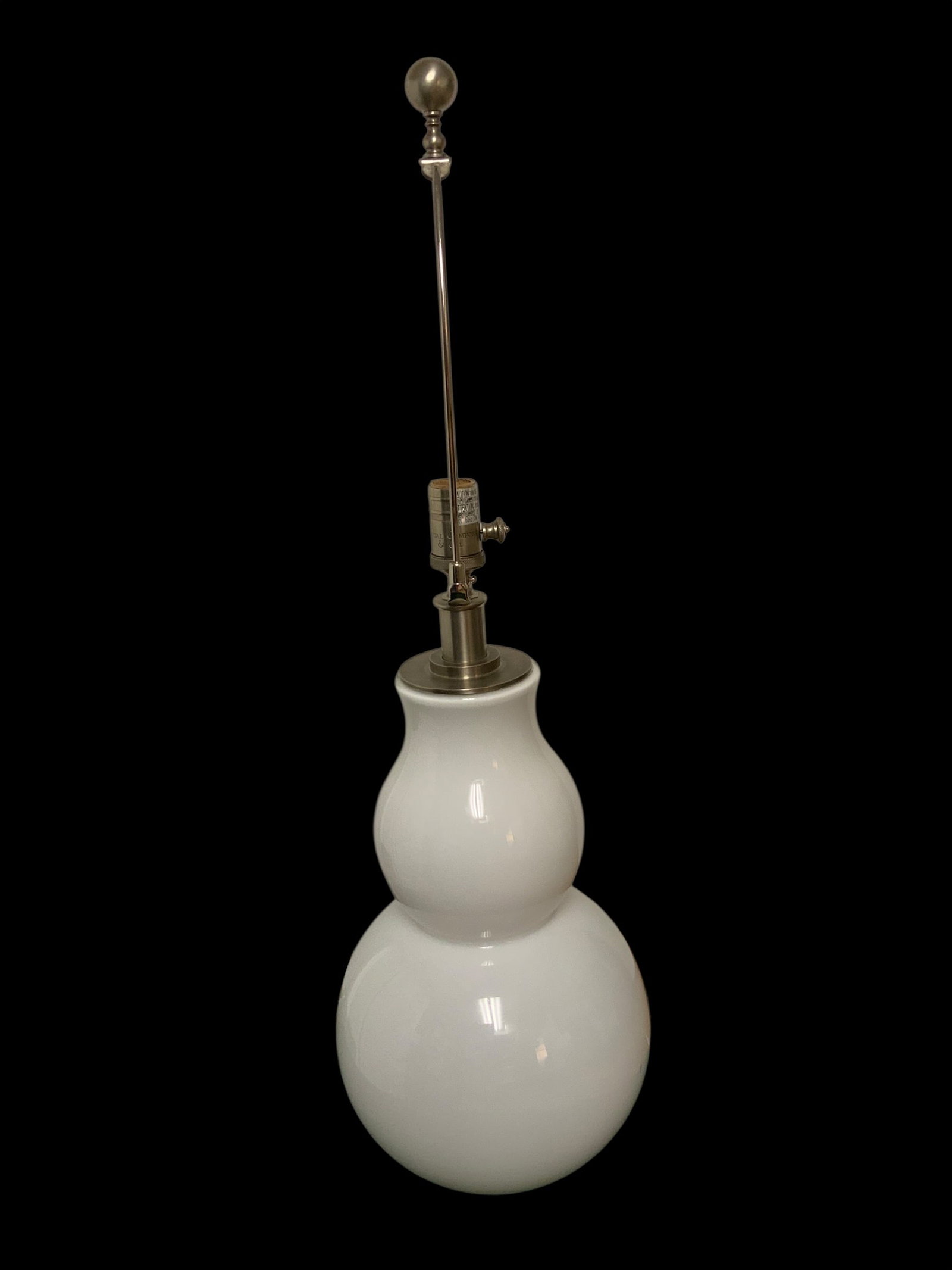 White Cased Glass Double Gourd Table Lamp: White Cased Glass Double Gourd Table Lamp. Brushed metal hardware. 10"diameter 21 1/2" tall to the top of the socket. .>>>>>>>>>>>>>>READ—-READ—-READ—-Shipping for this lot is available ONLY THR