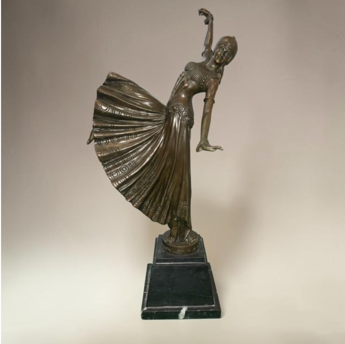 Art Deco Style Bronze Flapper Girl Dancer Sculpture on Black Marble Base Chiparus-inspired: Art Deco Style Bronze Flapper Girl Dancer Sculpture on Black Marble Base Chiparus-inspired. White marks on the base are NOT damaged areas. 22” tall and very heavy. Roughly 9” x 10” x